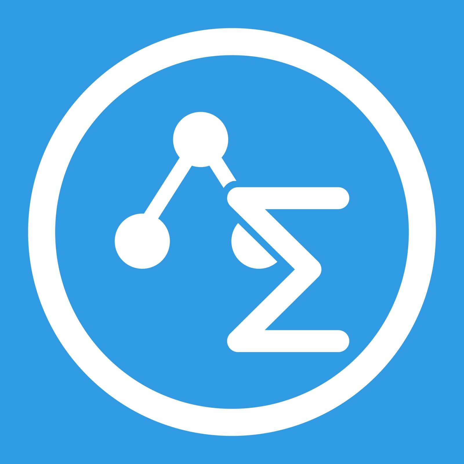 Analysis vector icon. This flat rounded symbol uses white color and isolated on a blue background.