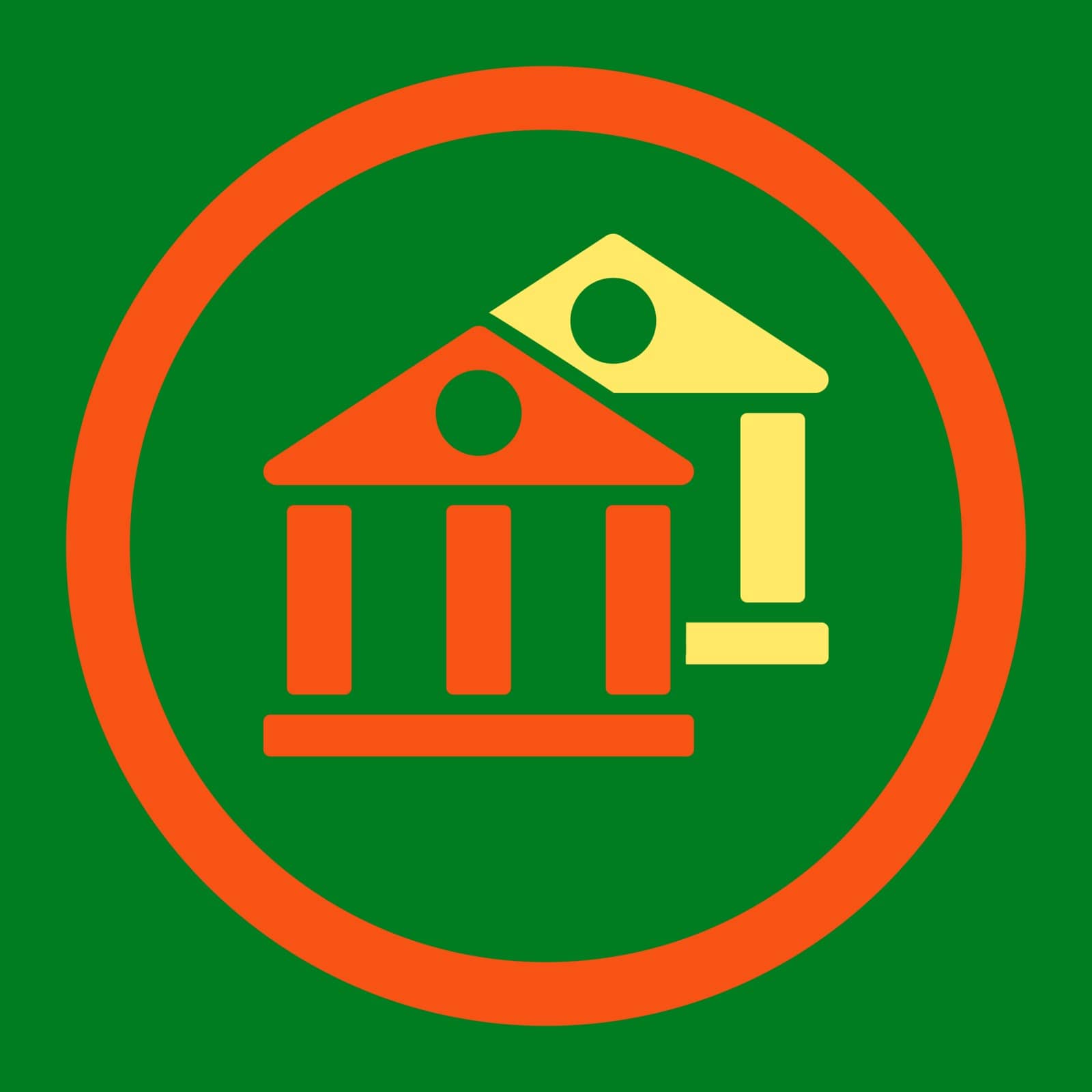 Banks vector icon. This flat rounded symbol uses orange and yellow colors and isolated on a green background.