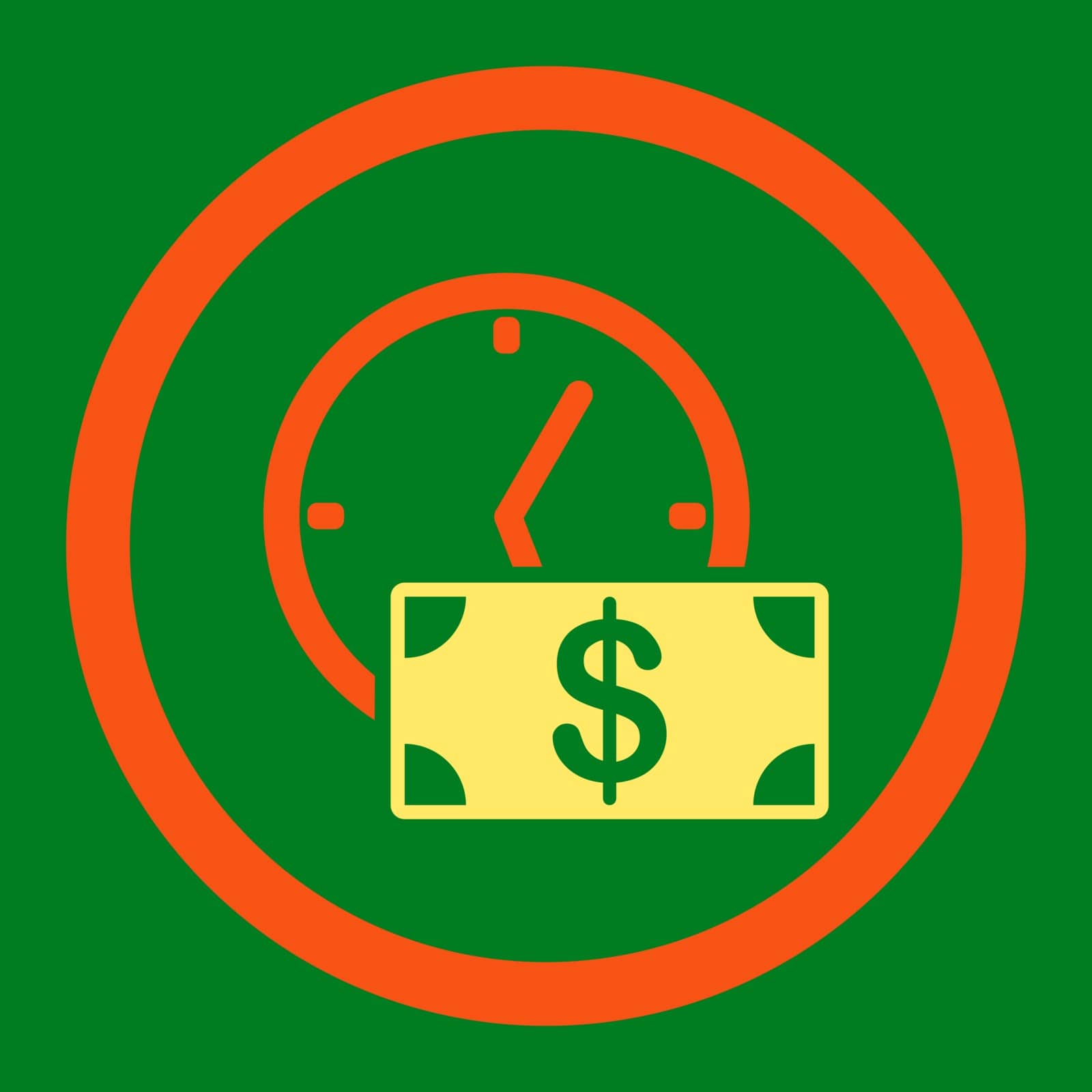 Credit vector icon. This flat rounded symbol uses orange and yellow colors and isolated on a green background.