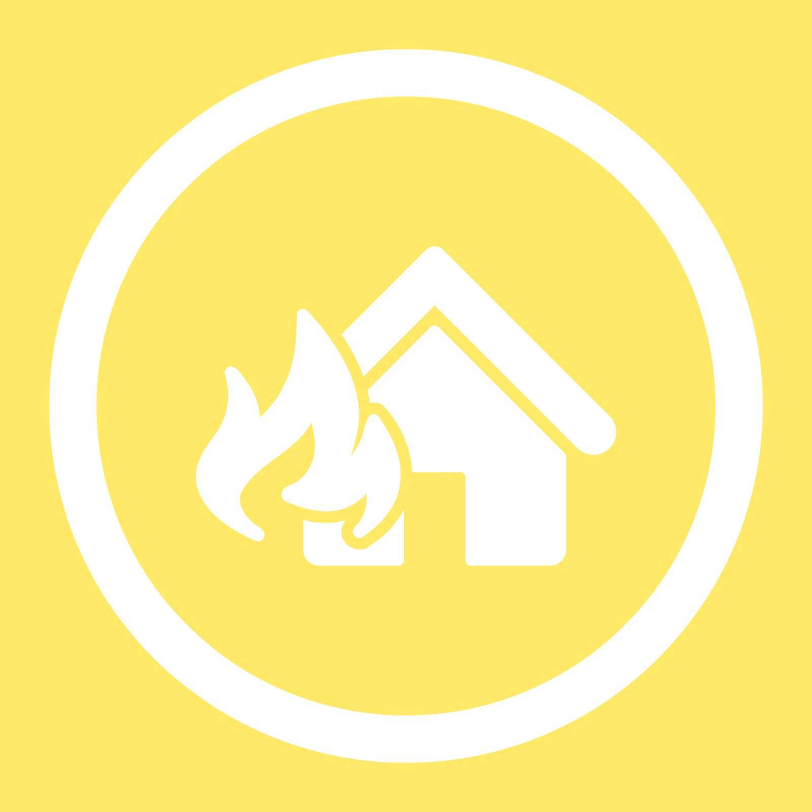 Fire Damage vector icon. This flat rounded symbol uses white color and isolated on a yellow background.