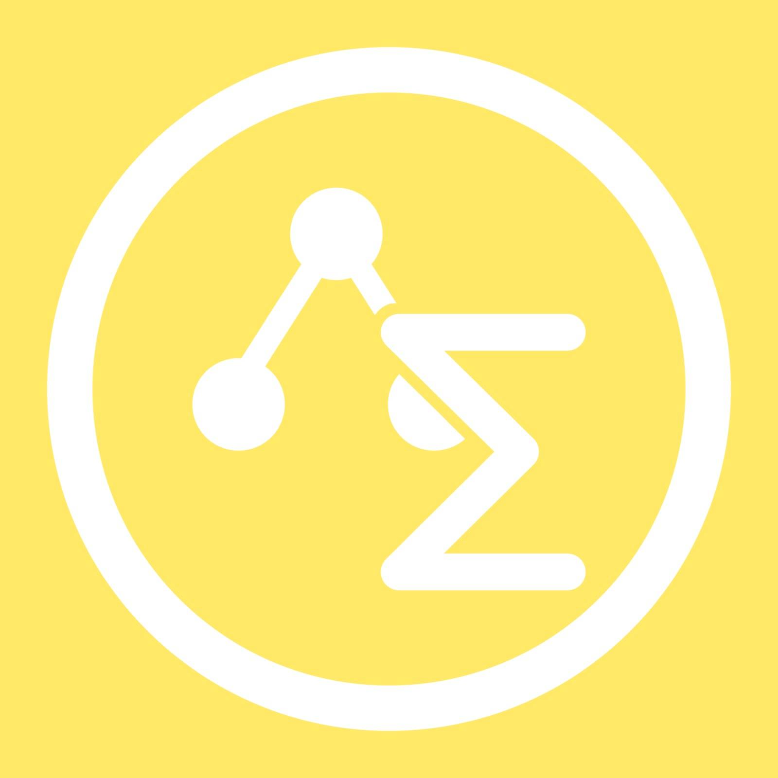 Analysis vector icon. This flat rounded symbol uses white color and isolated on a yellow background.