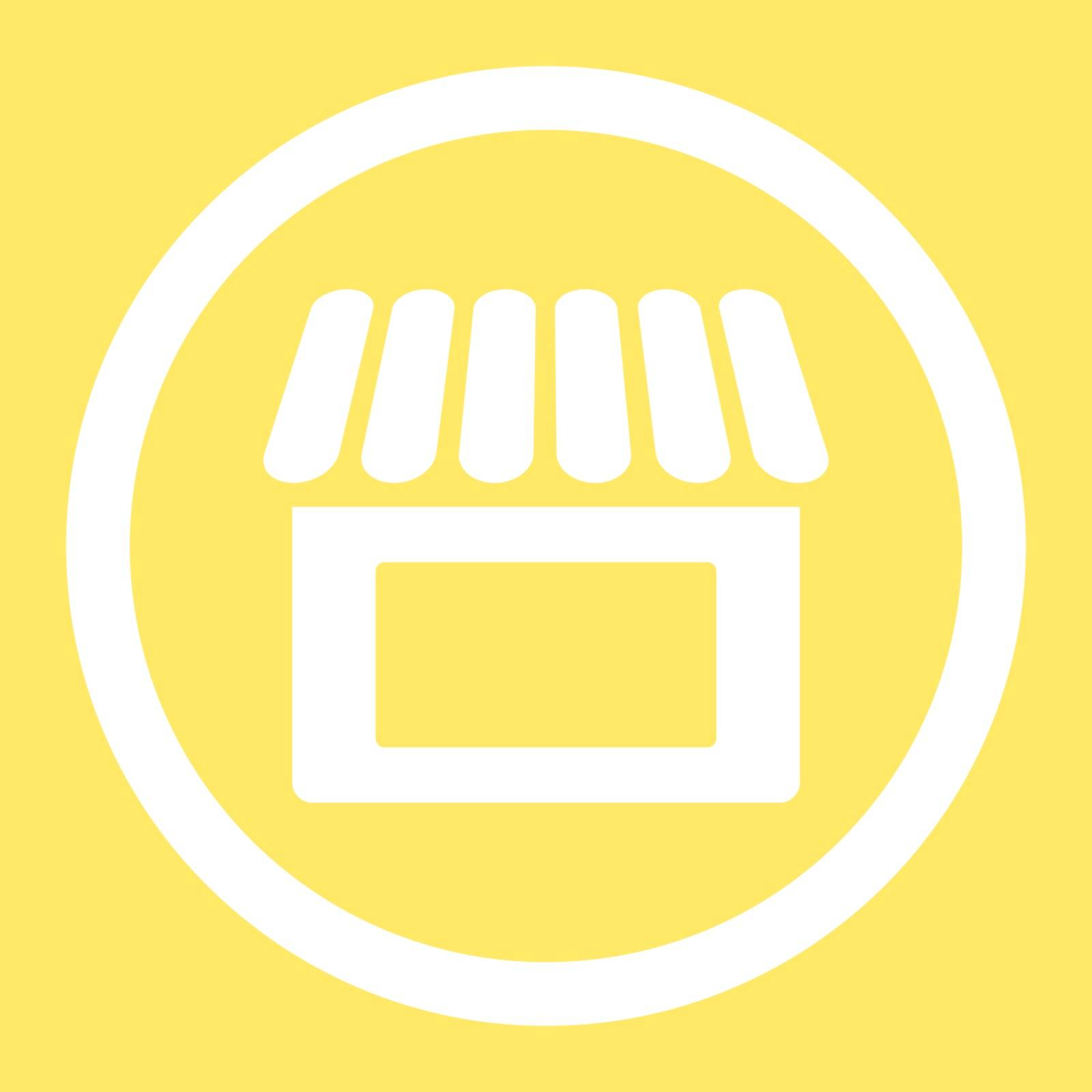 Shop vector icon. This flat rounded symbol uses white color and isolated on a yellow background.