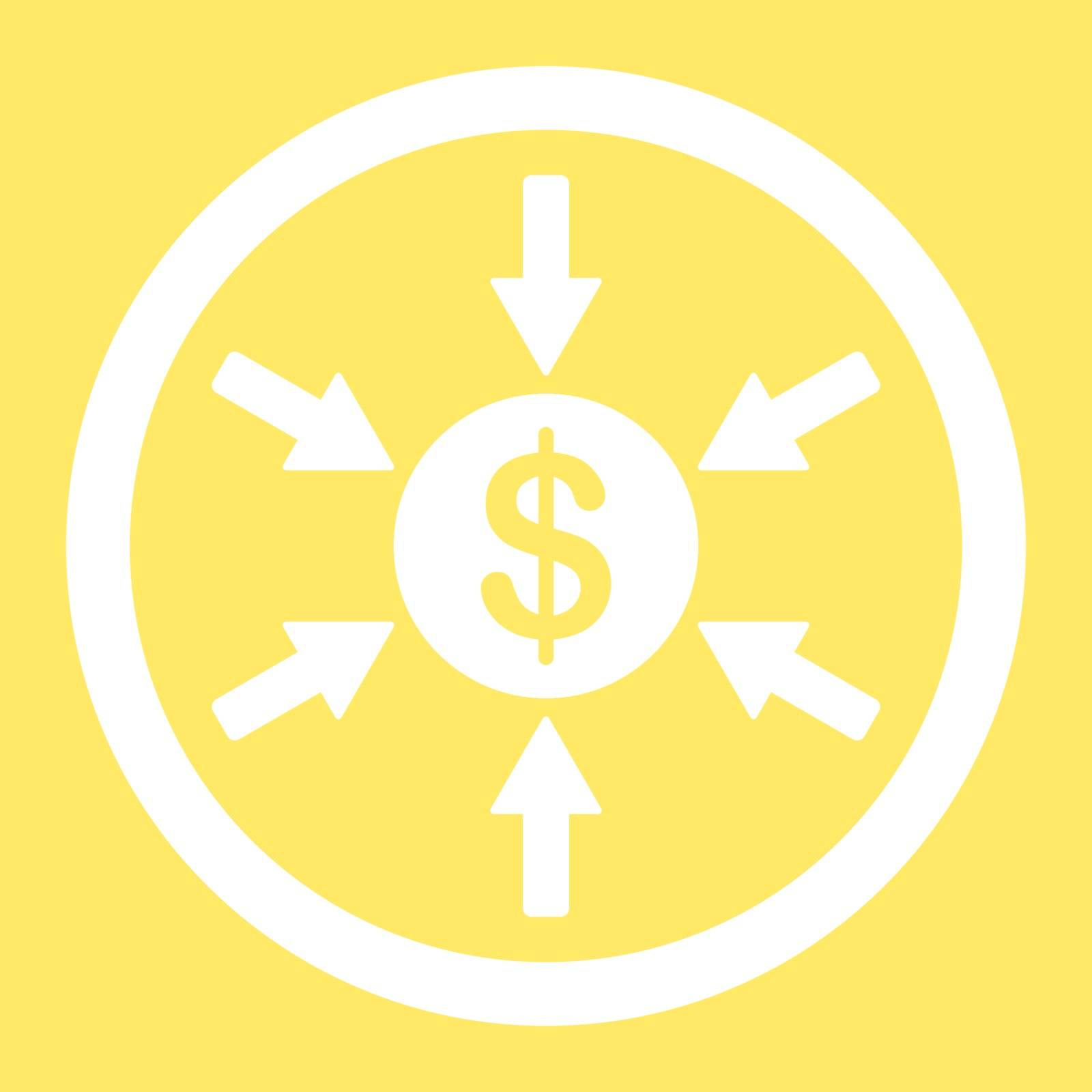 Income vector icon. This flat rounded symbol uses white color and isolated on a yellow background.