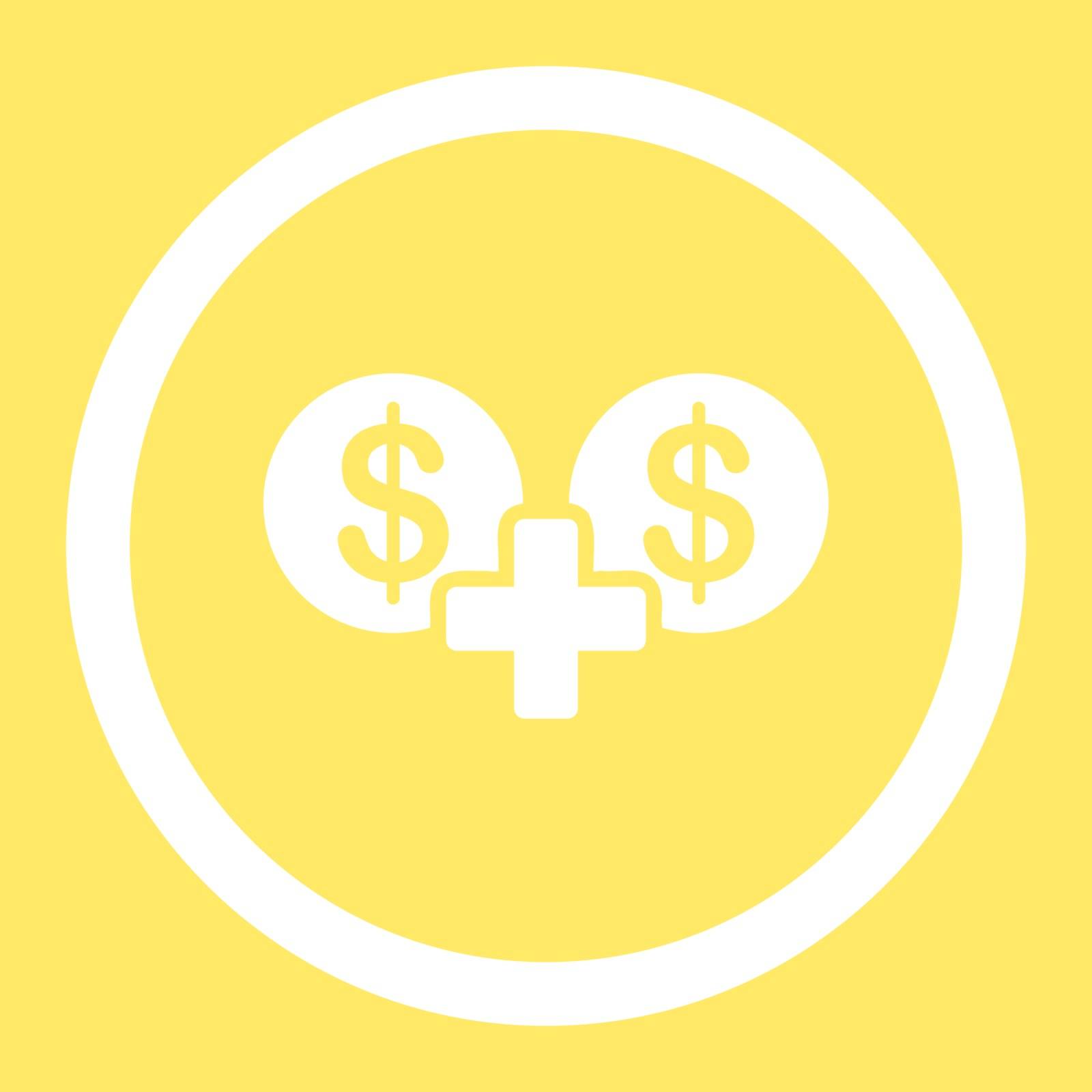 Sum vector icon. This flat rounded symbol uses white color and isolated on a yellow background.