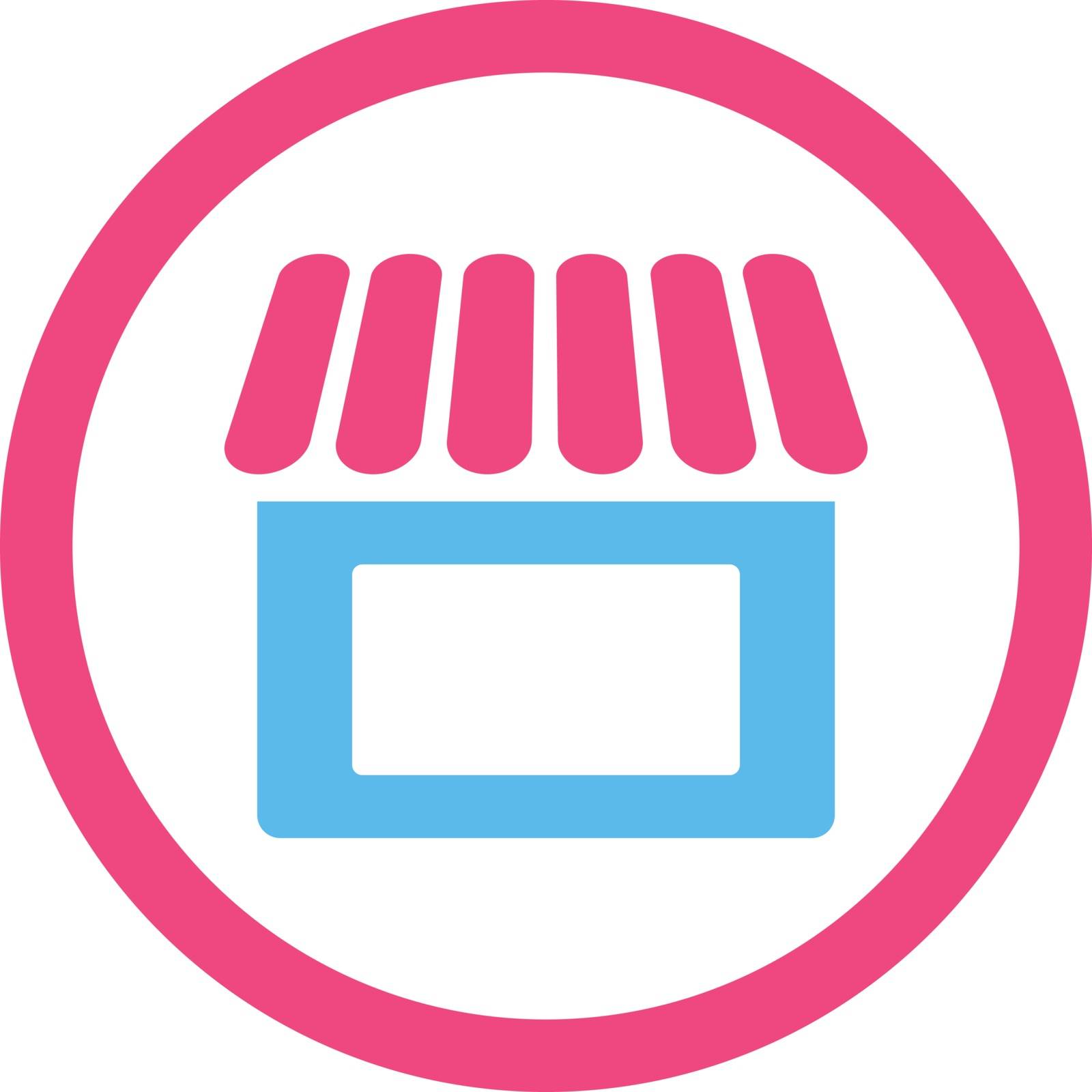 Shop vector icon. This flat rounded symbol uses pink and blue colors and isolated on a white background.