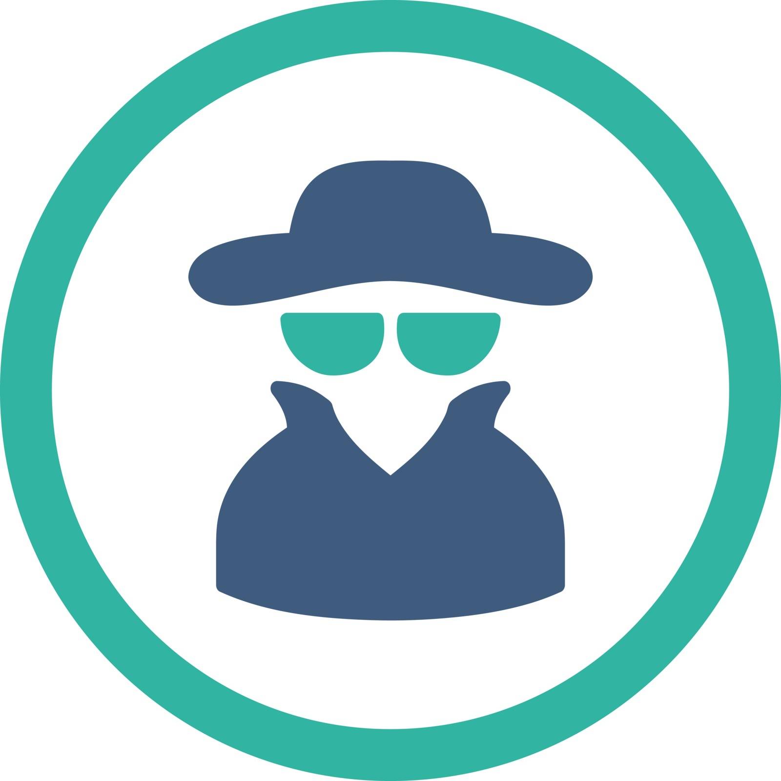 Spy vector icon. This rounded flat symbol is drawn with cobalt and cyan colors on a white background.