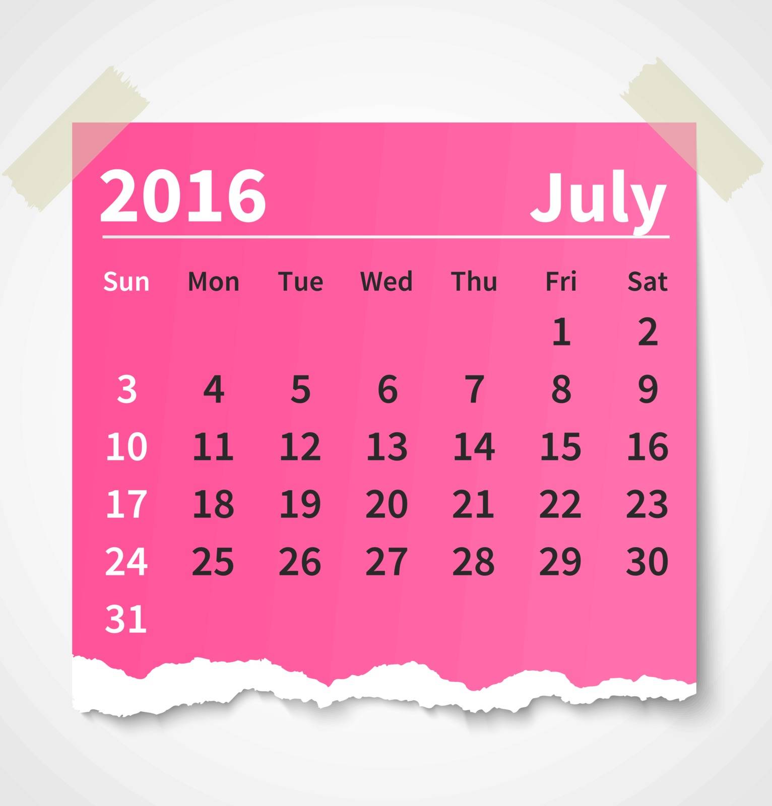 Calendar july 2016 colorful torn paper. Vector illustration