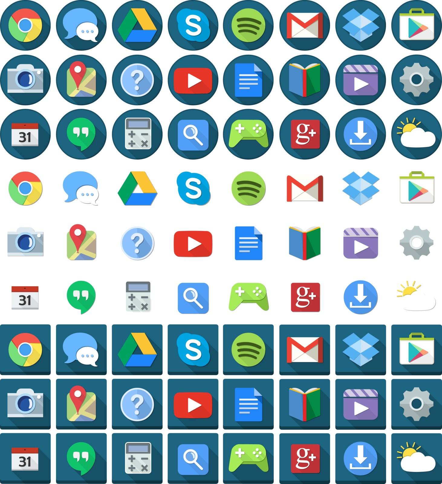 Vector illustration set of android applications flat icons round and square.
