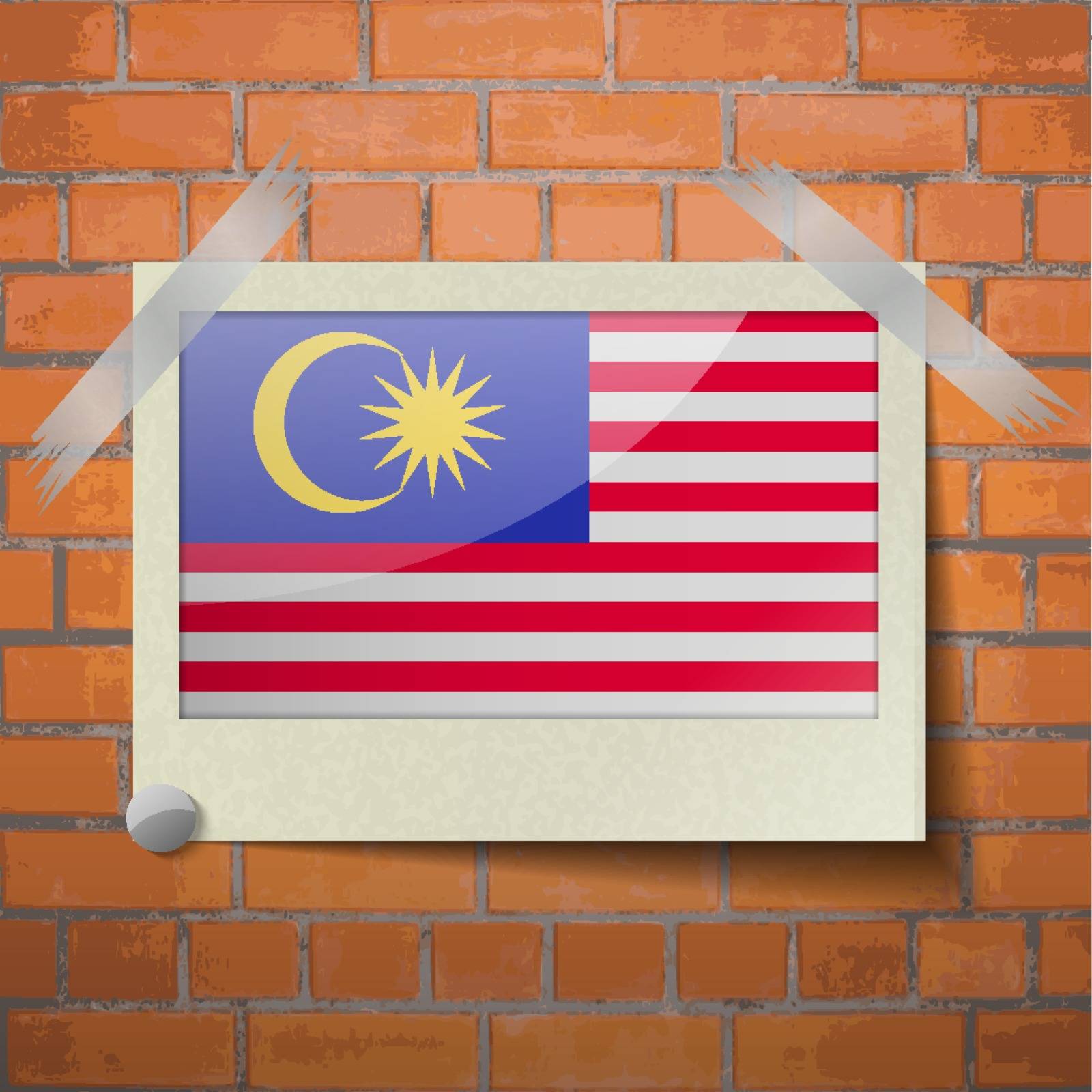 Flags of Malaysia scotch taped to a red brick wall. Vector