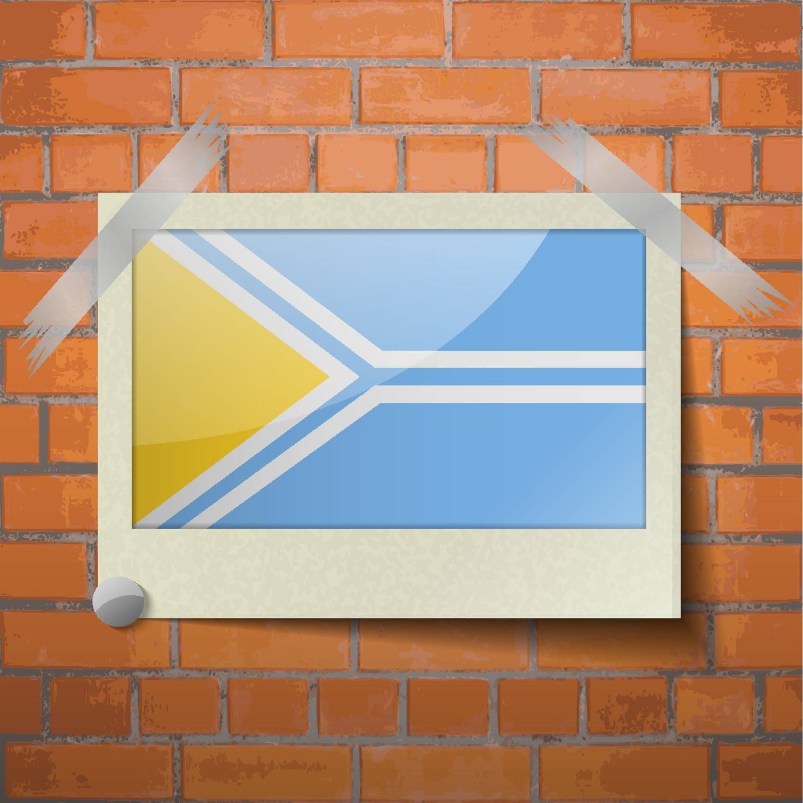 Flags of Tuva scotch taped to a red brick wall. Vector