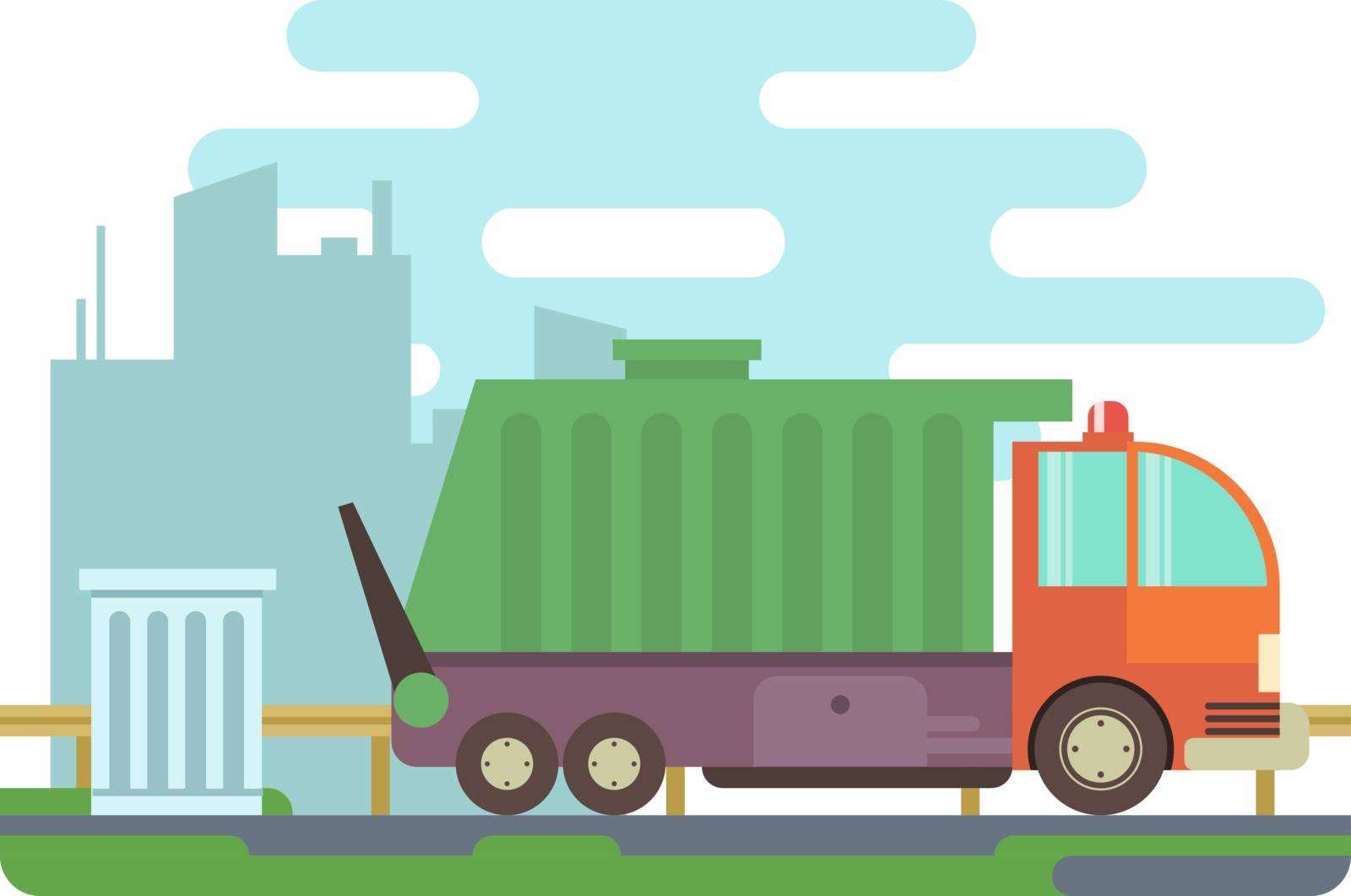 Garbage truck. Transportation container, trash and waste, industry car, flat vector illustration