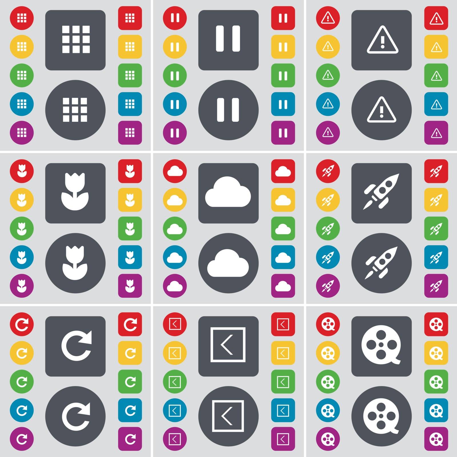 Apps, Pause, Warning, Flower, Cloud, Rocket, Reload, Arrow left, Videotape icon symbol. A large set of flat, colored buttons for your design. Vector illustration