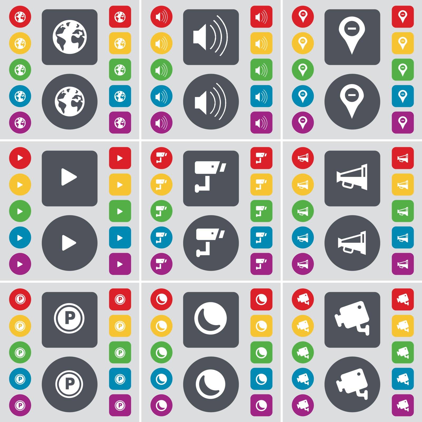 Earth, Sound, Checkpoint, Media play, CCTV, Megaphone, Parking, Moon, CCTV icon symbol. A large set of flat, colored buttons for your design. Vector by serhii_lohvyniuk