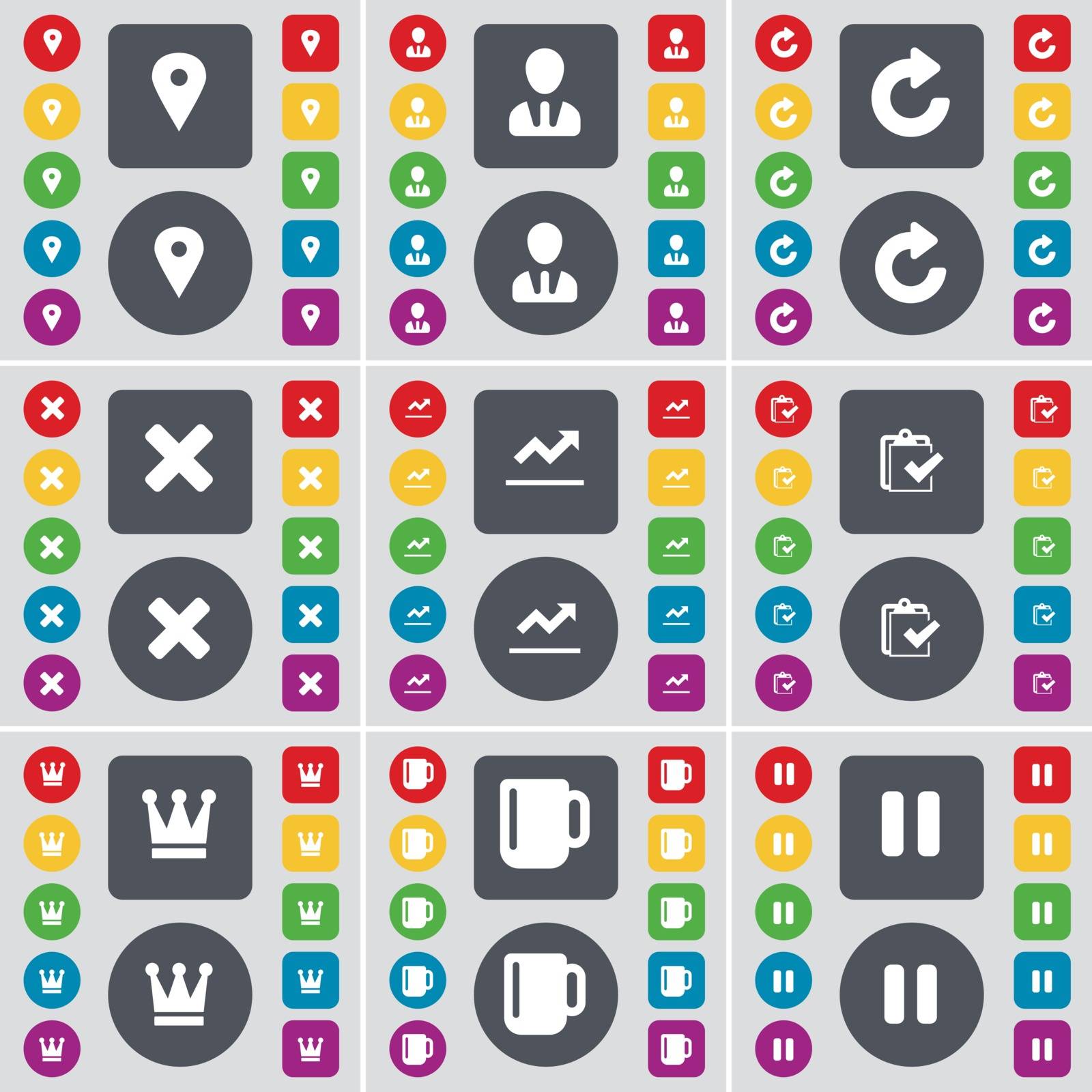 Checkpoint, Avatar, Reload, Stop, Graph file, Survey, Crown, Cup, Pause icon symbol. A large set of flat, colored buttons for your design. Vector illustration