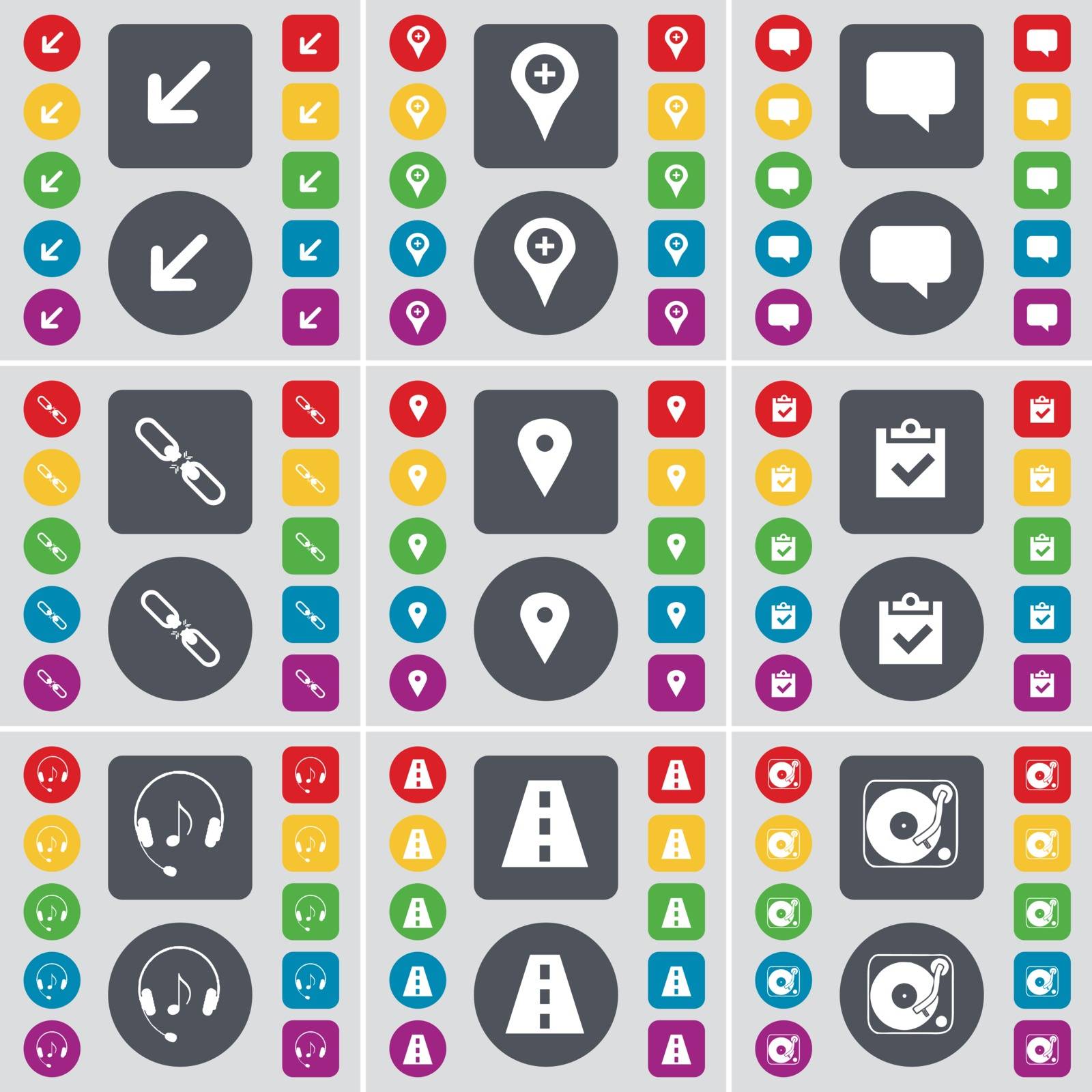 Deploying screen, Checkpoint, Chat bubble, Link, Survey, Headphones, Road, Gramophone icon symbol. A large set of flat, colored buttons for your design. Vector illustration