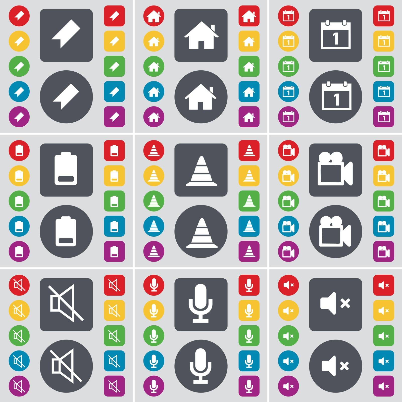 Marker, House, Calendar, Battery, Cone, Film camera, Mute, Microphone, Mute icon symbol. A large set of flat, colored buttons for your design. Vector illustration