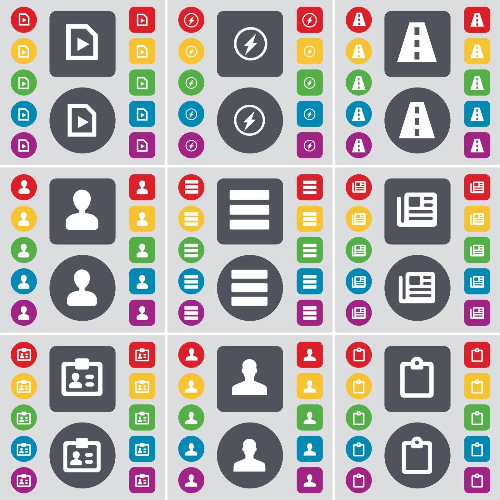 Media play, Flash, Road, Avatar, Apps, Newspaper, Contact, Avatar, Survey icon symbol. A large set of flat, colored buttons for your design. Vector by serhii_lohvyniuk