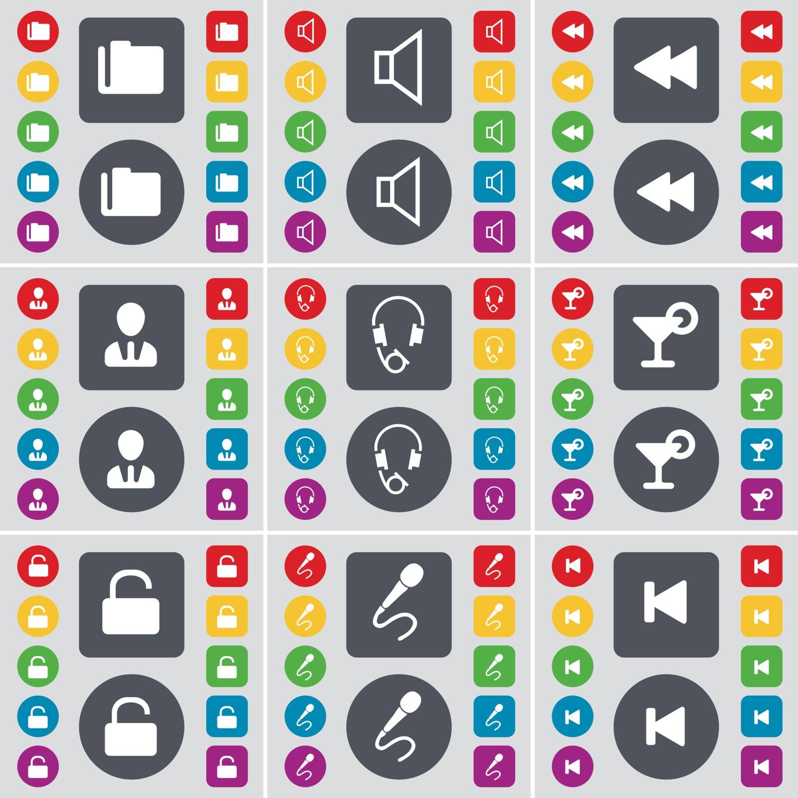 Folder, Sound, Rewind, Avatar, Headphones, Cocktail, Lock, Microphone, Media skip icon symbol. A large set of flat, colored buttons for your design. Vector illustration
