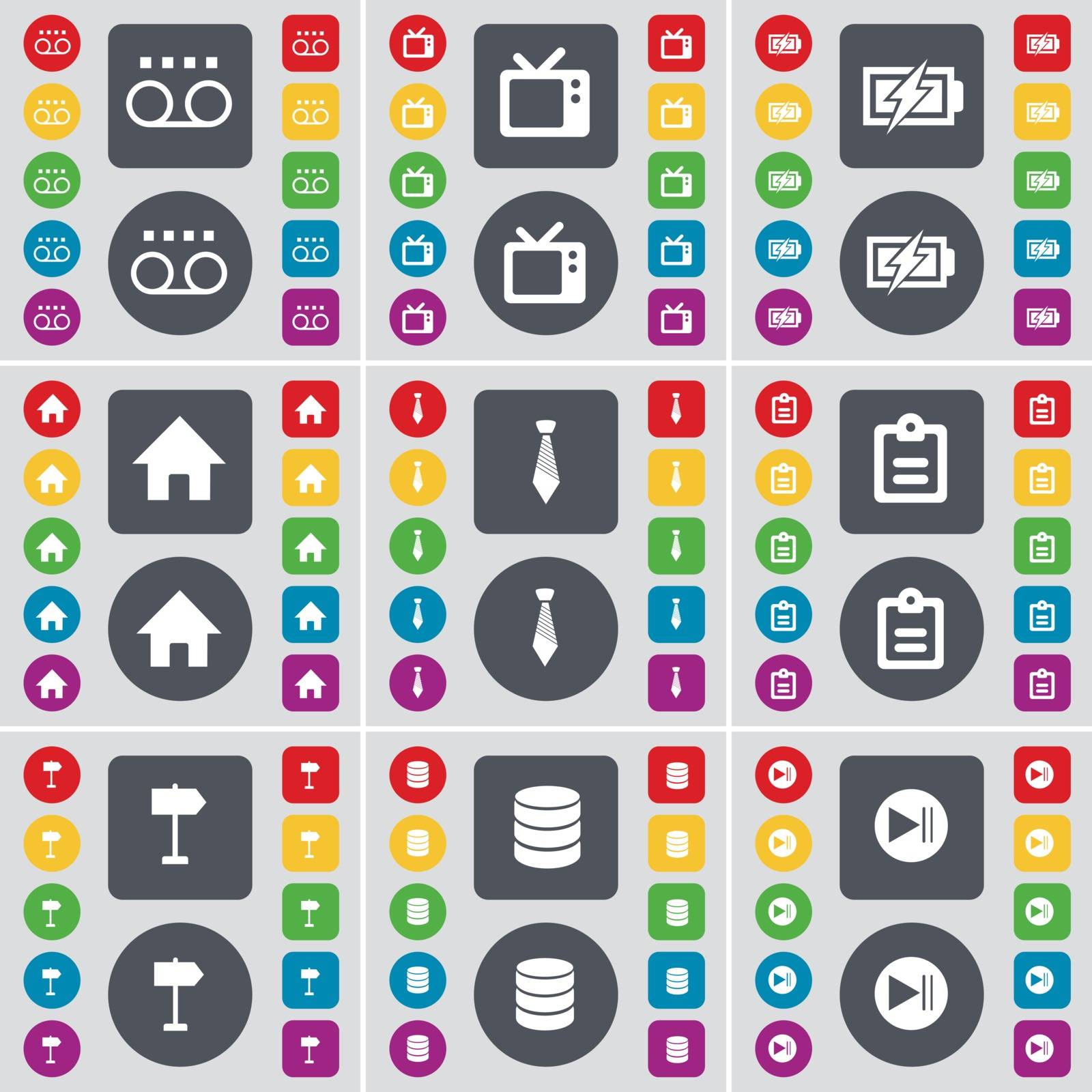 Cassette, Retro TV, Charging, House, Tie, Survey, Signpost, Database, Media skip icon symbol. A large set of flat, colored buttons for your design. Vector illustration