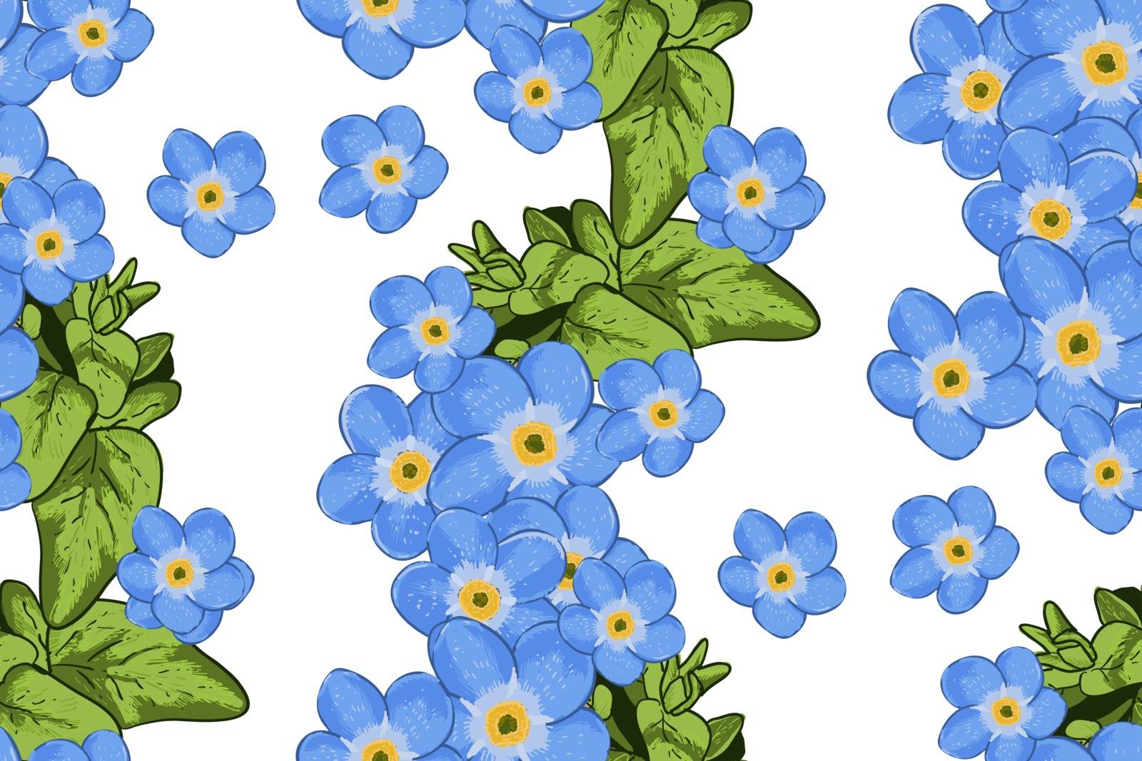Wildflowers blooming delicate forget-me-not flowers  background. Vector illustration