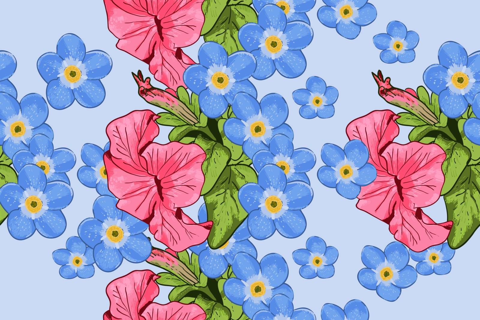 Wildflowers blooming delicate forget-me-not flowers  background. Vector illustration