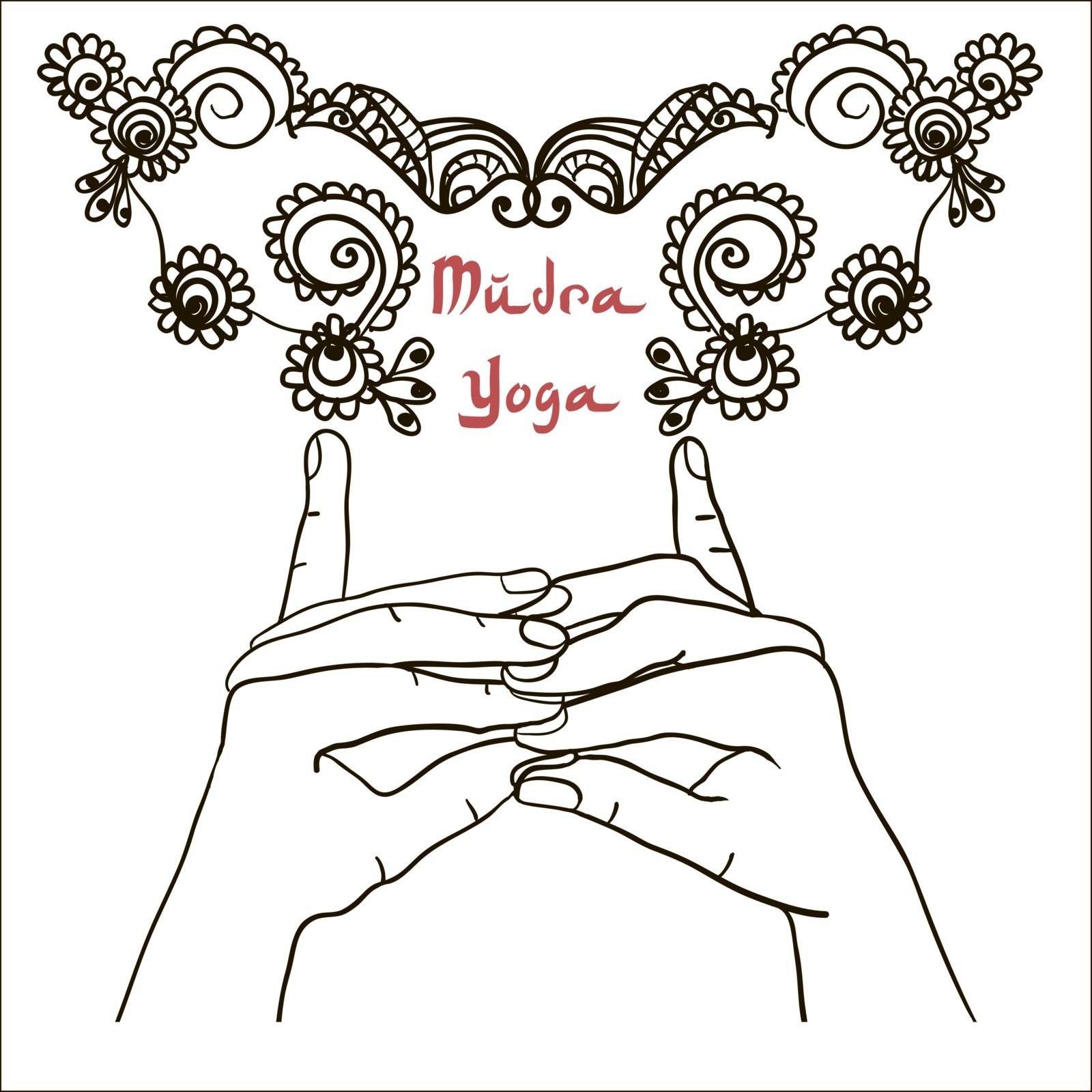 Element yoga Stairway Heaven Temple mudra hands with mehendi patterns. Vector illustration for a yoga studio, tattoo, spa, postcards, souvenirs. 
