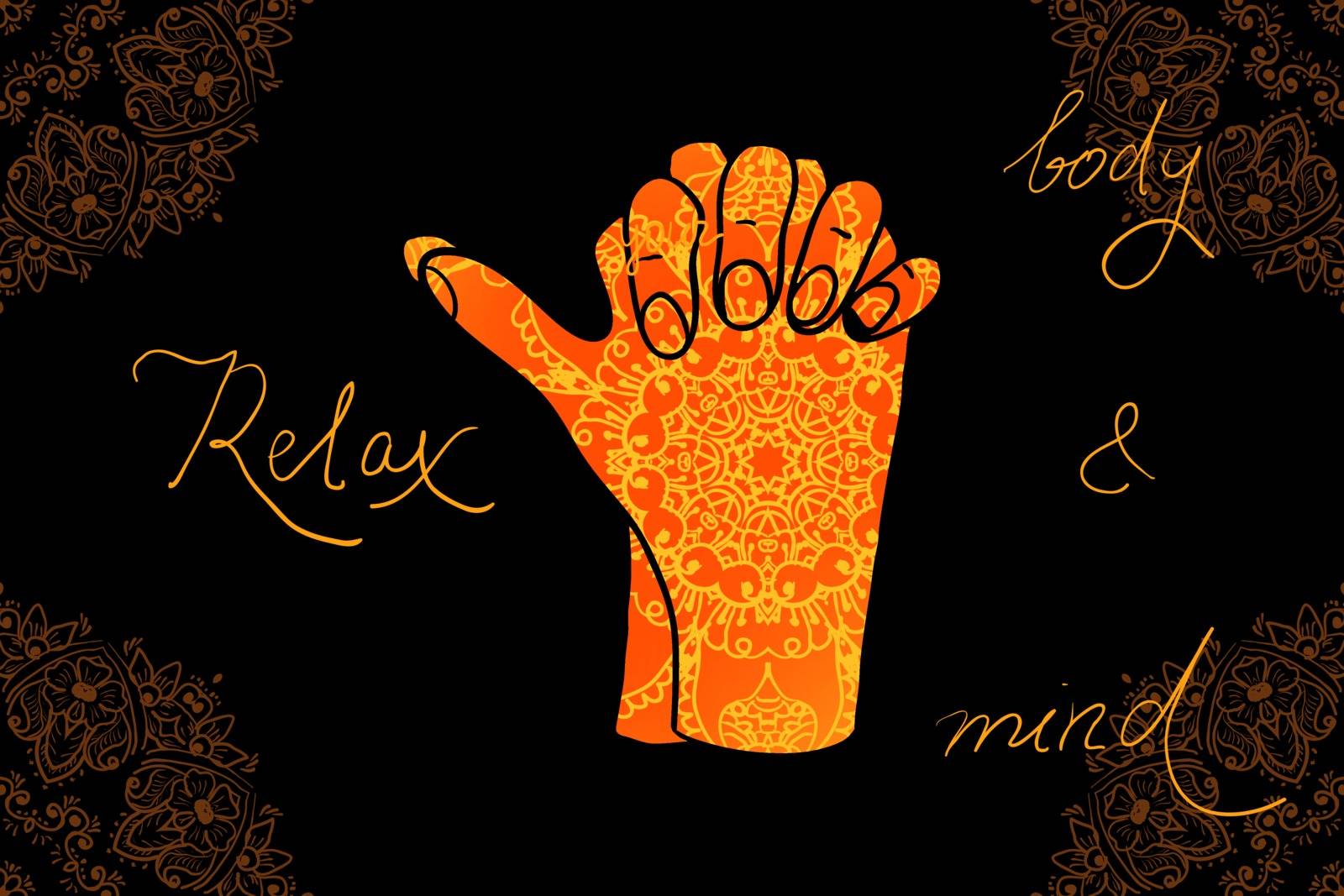 Element yoga Turtle mudra hands with mehendi patterns. Vector illustration for a yoga studio, tattoo, spa, postcards, souvenirs. 