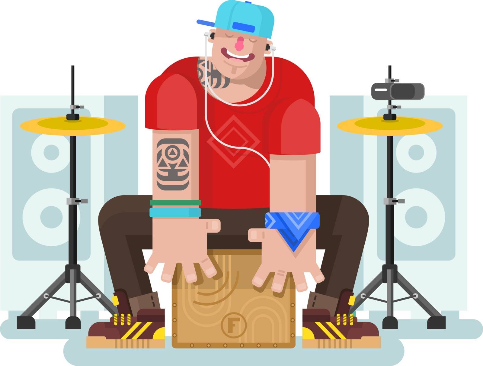 Stylish drummer play on cajon. Drum and music, listening beat, instrument and rhythm bass, flat vector illustration