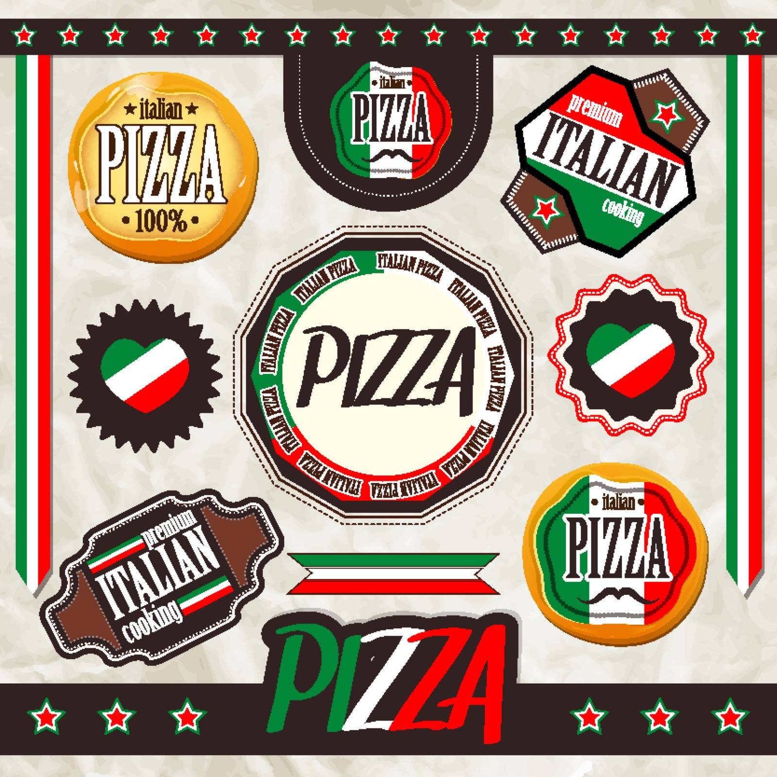 Illustration with a collection of pizza elements.
