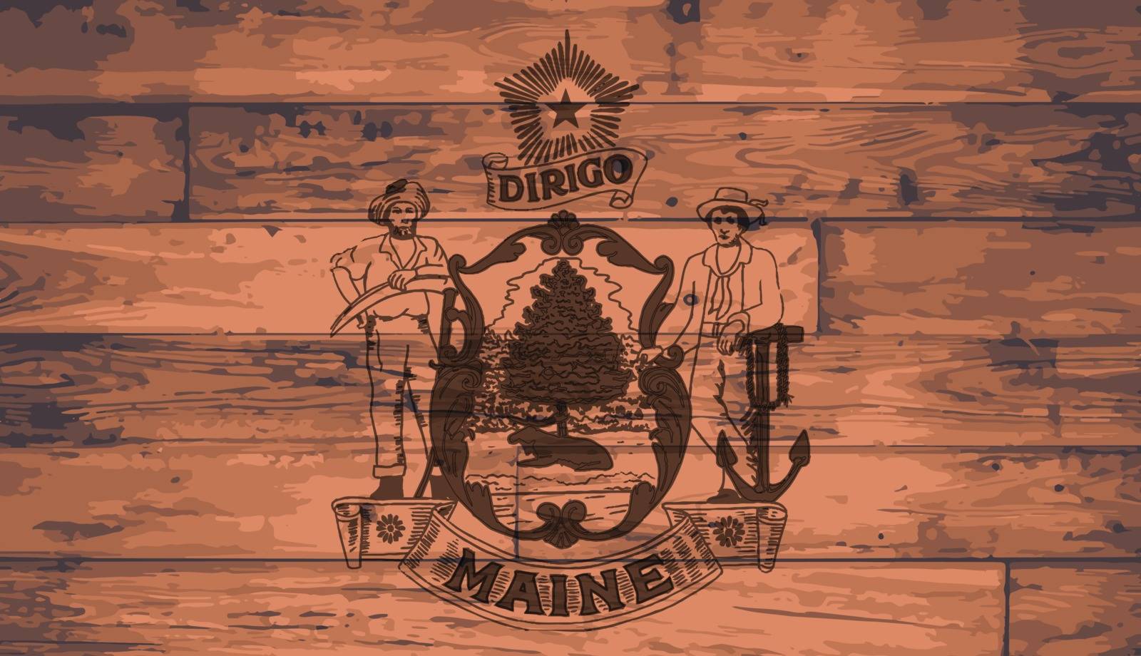 Maine State Flag branded onto wooden planks