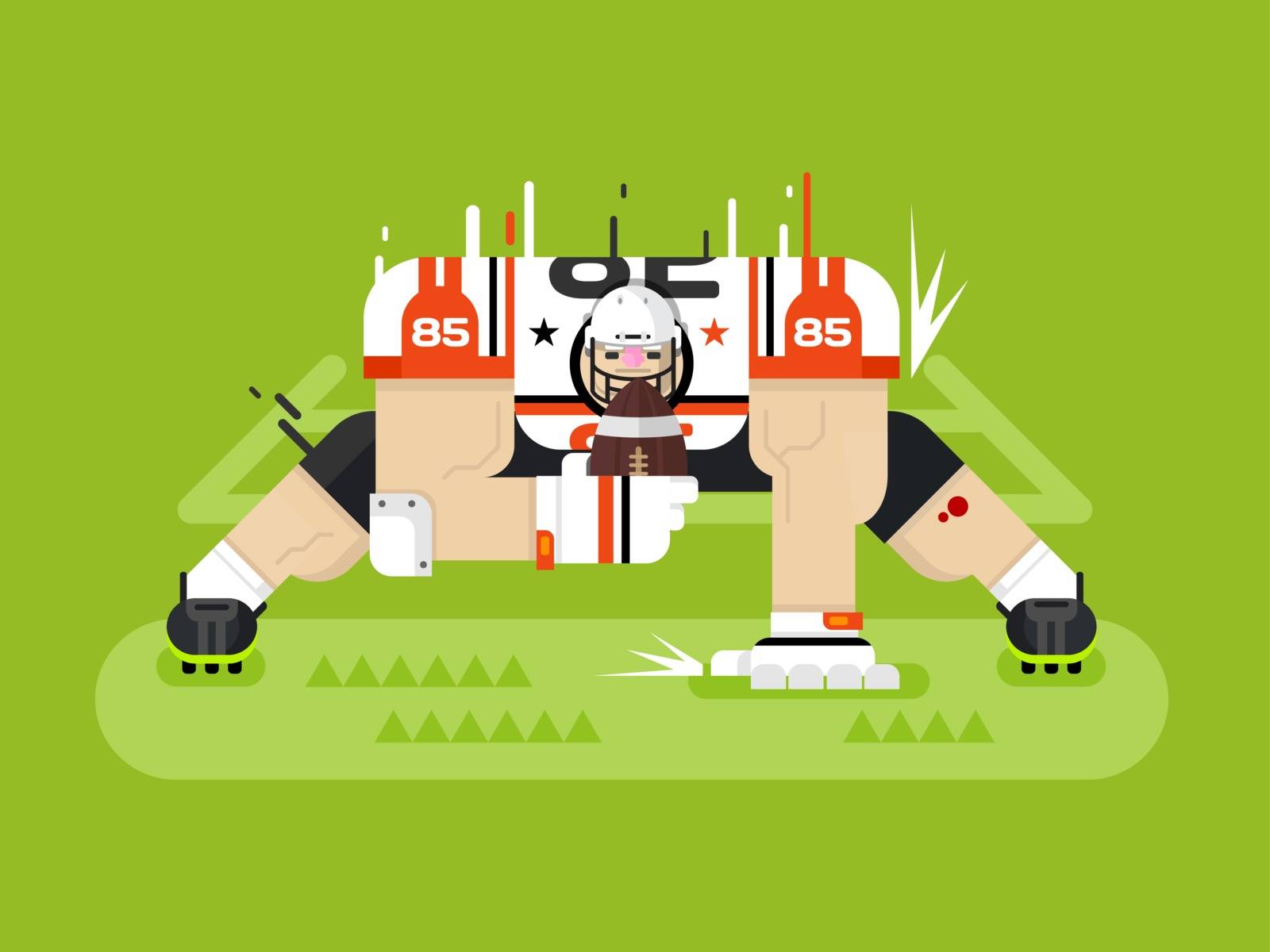 American football player. Protection pose, ball and athlete, game and touchdown, flat vector illustration