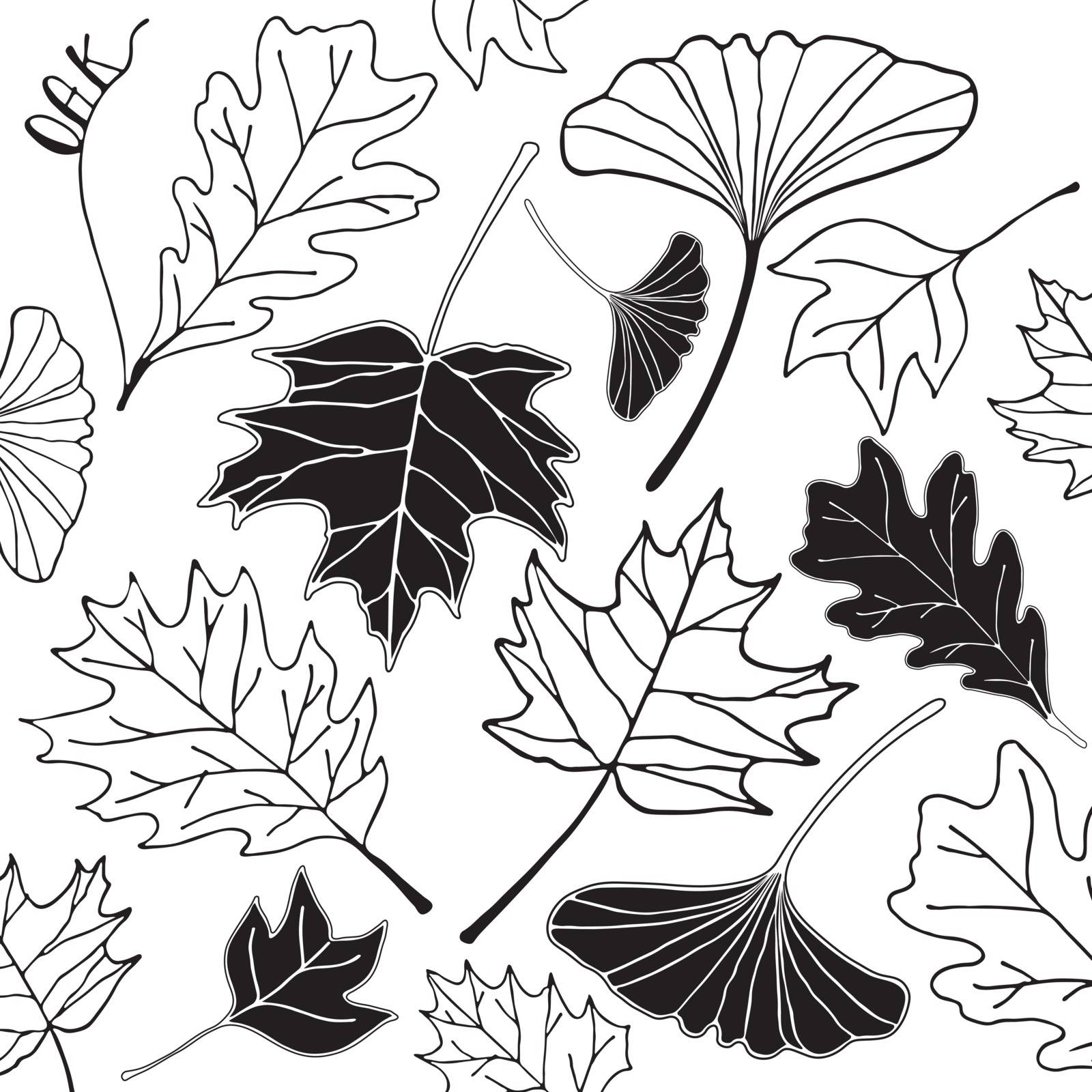 autumn leaf hand drawn doodle illustration black line on white background