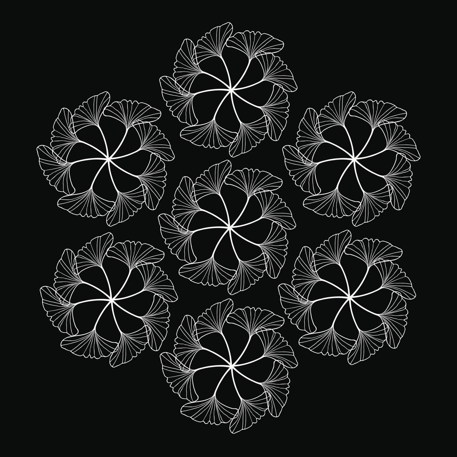 white gingko leaf circle sketch doodle pattern on black background