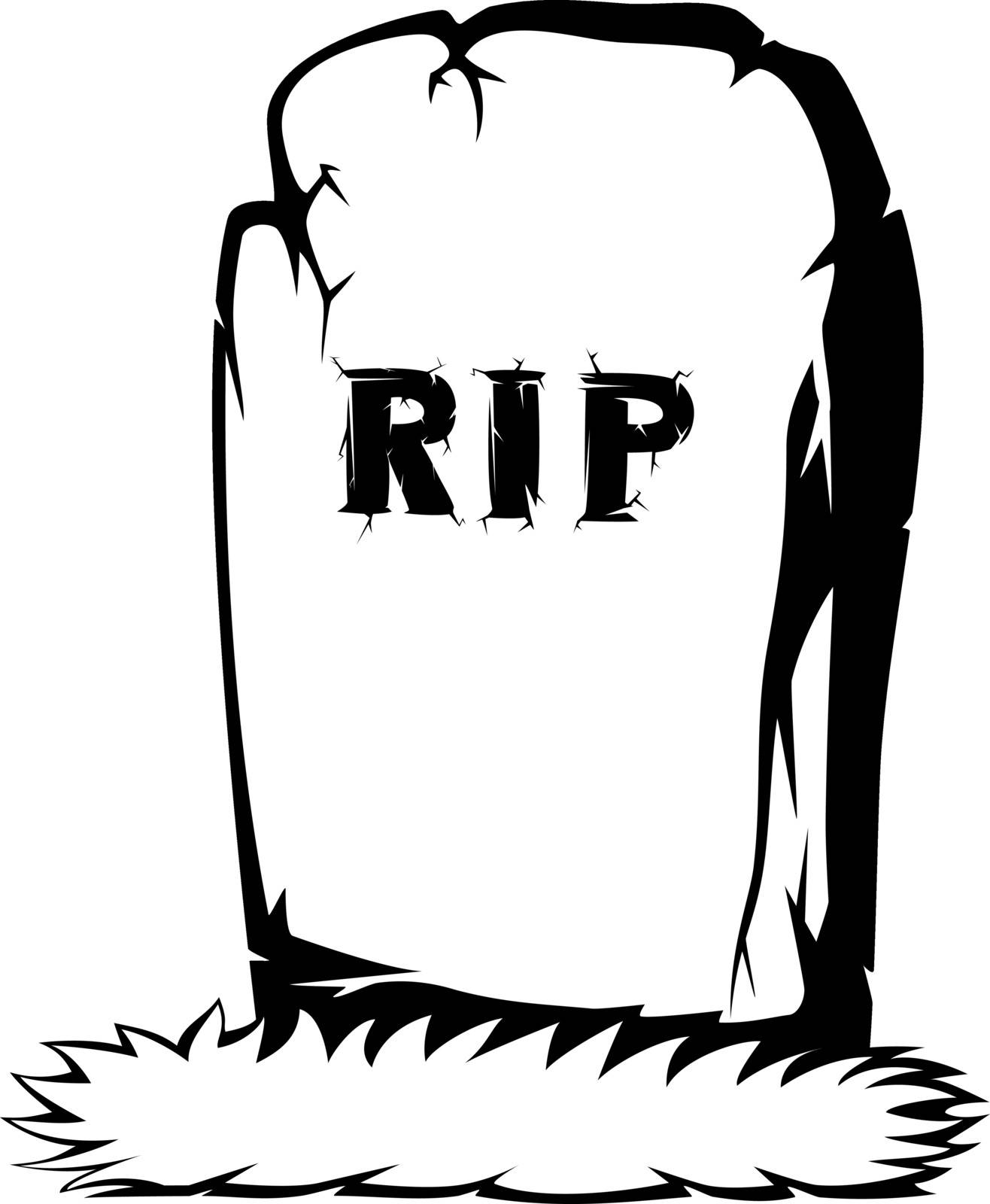 Silhouette of a gray gravestone with grass and RIP text (black and white)
