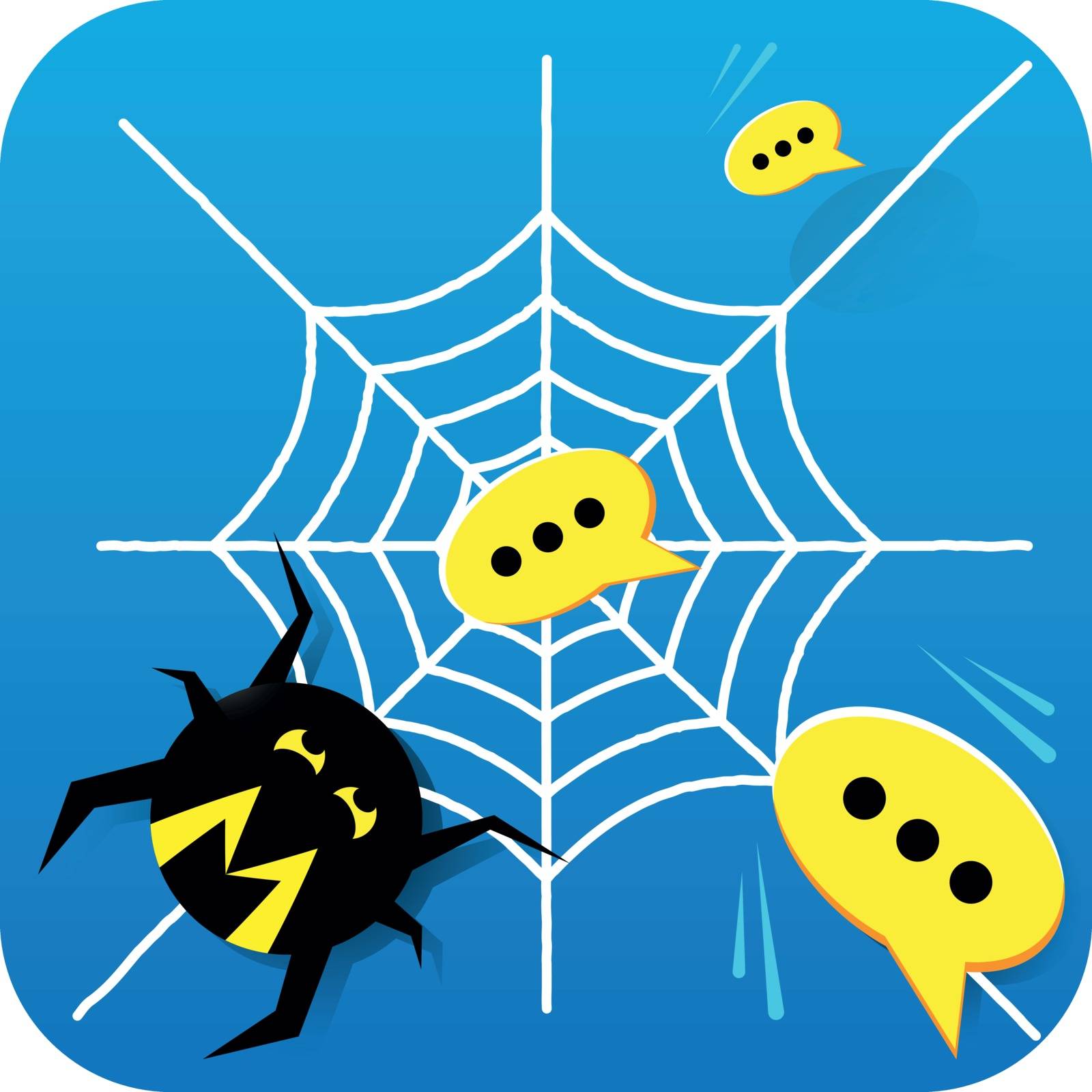 Mobile Application Icon with Cartoon Spider Catching Spam Messages into his Web
