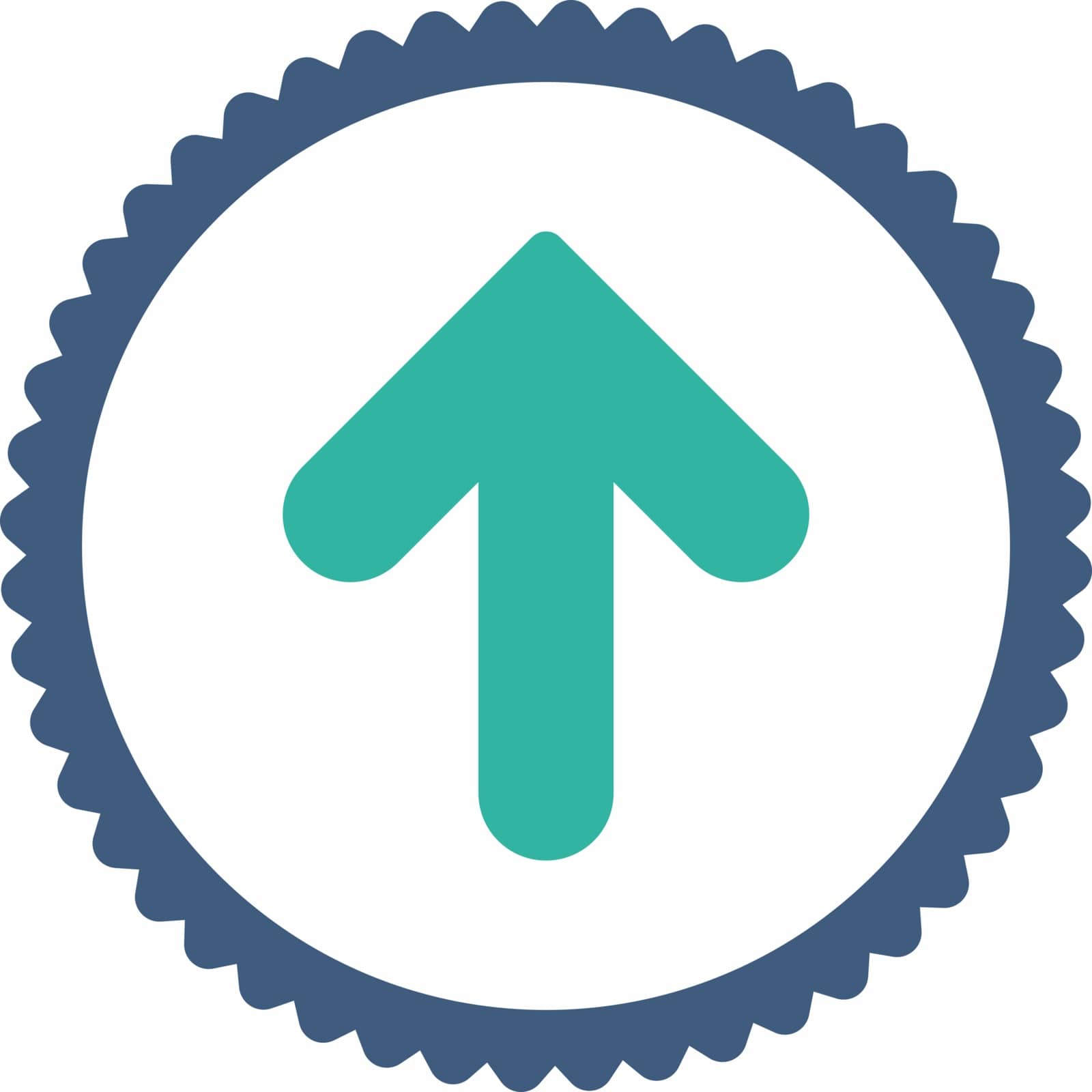 Arrow Up round stamp icon. This flat vector symbol is drawn with cobalt and cyan colors on a white background.