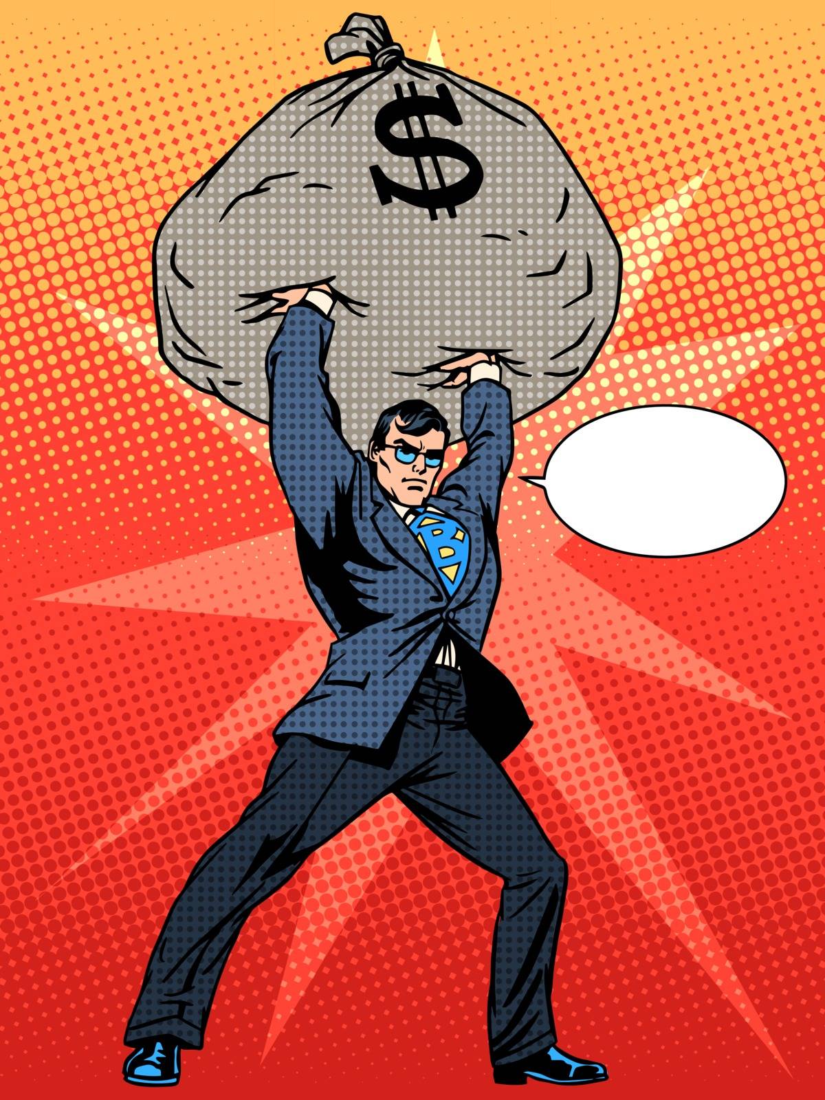 Gigantic profits of financial success. Super businessman hero with a bag of money. The business concept. Pop art retro style