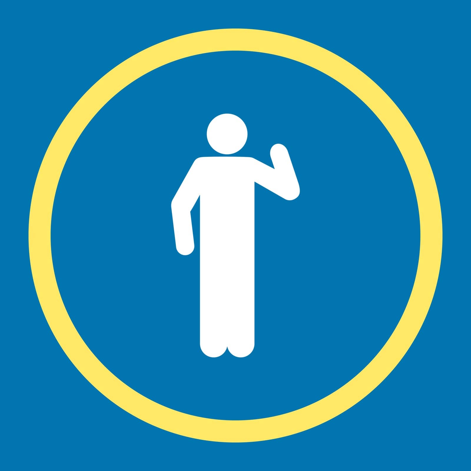 Opinion vector icon. This rounded flat symbol is drawn with yellow and white colors on a blue background.
