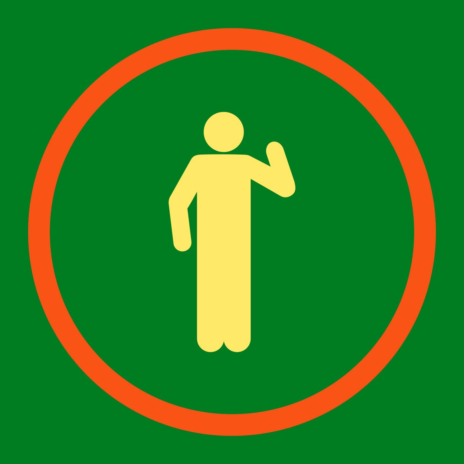 Opinion vector icon. This rounded flat symbol is drawn with orange and yellow colors on a green background.
