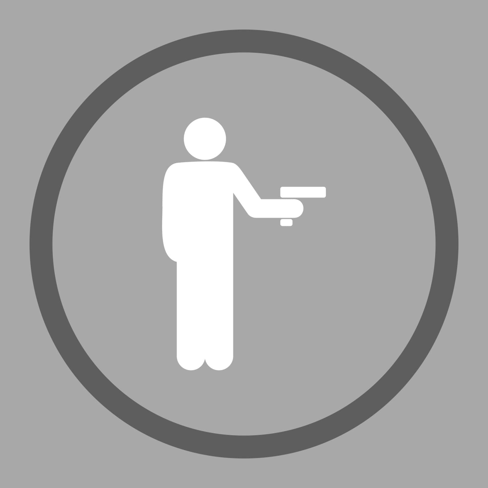 Robbery vector icon. This rounded flat symbol is drawn with dark gray and white colors on a silver background.