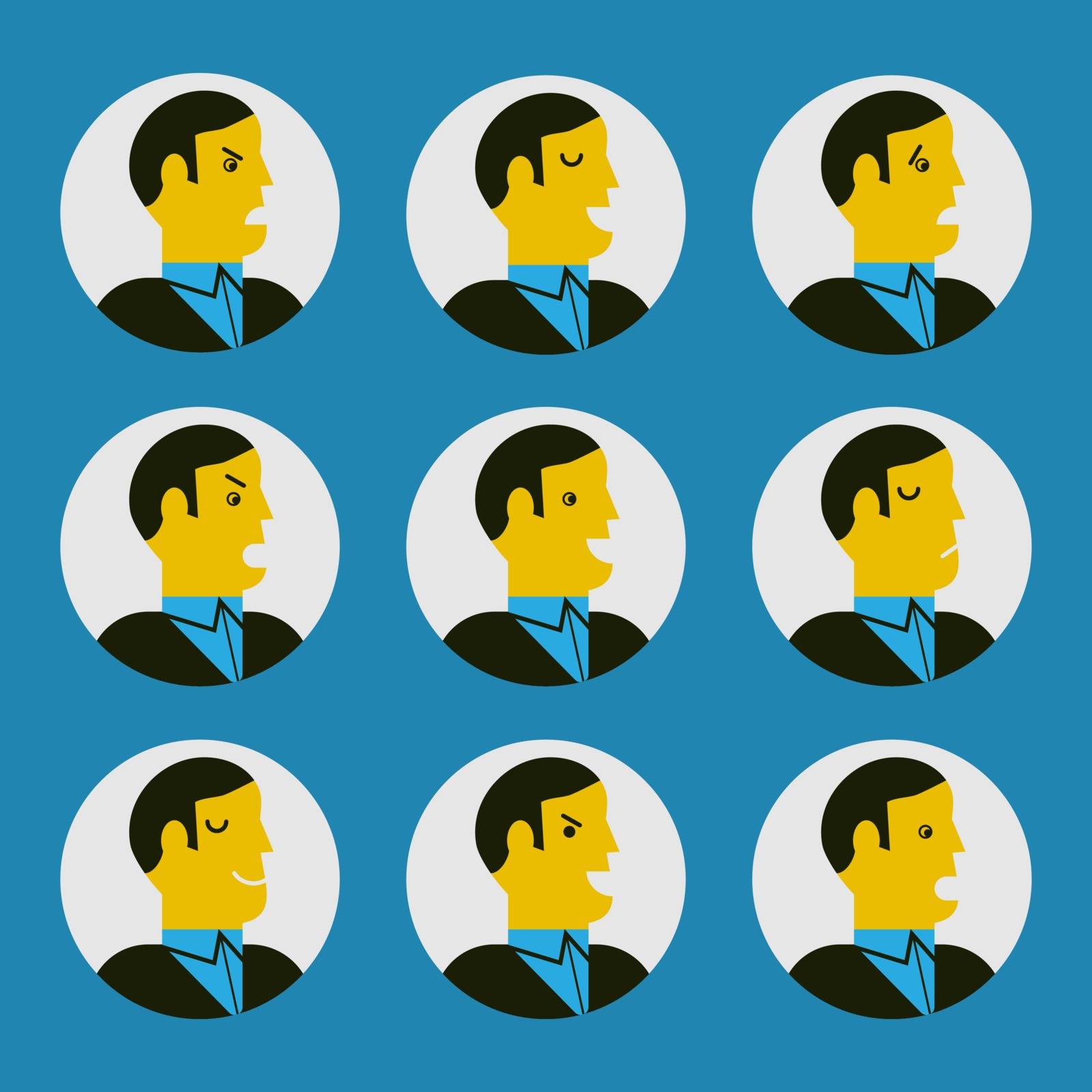 Vector illustration of various facial expressions. Flat design character set of boss or manager in various feeling and emotional expression concept. Negative, neutral and positive types of emotion.