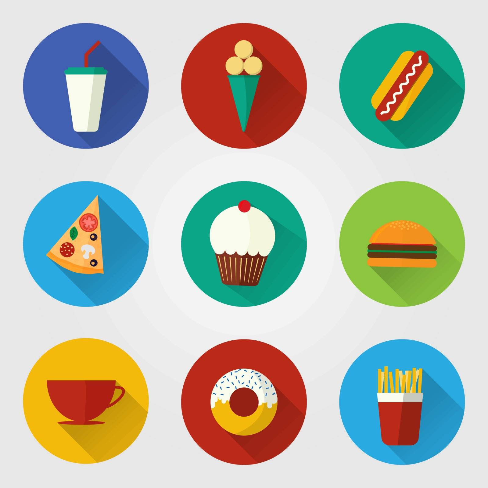 Vector illustration of flat fast food icons. Set of icons with food and drinks for menu, cafe and restaurant. Colorful and long shadow. Elements for web design. 