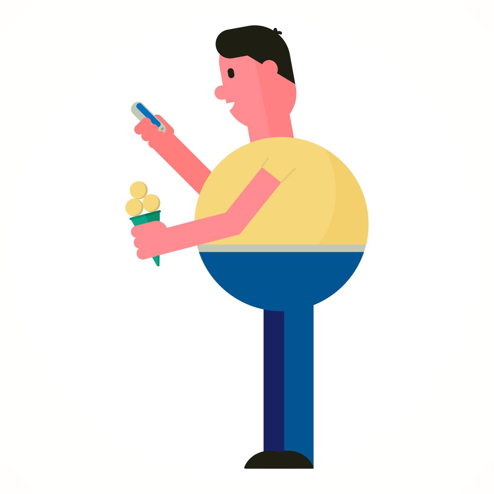 Vector illustration of a man with ice cream and mobile phone. Flat design style.