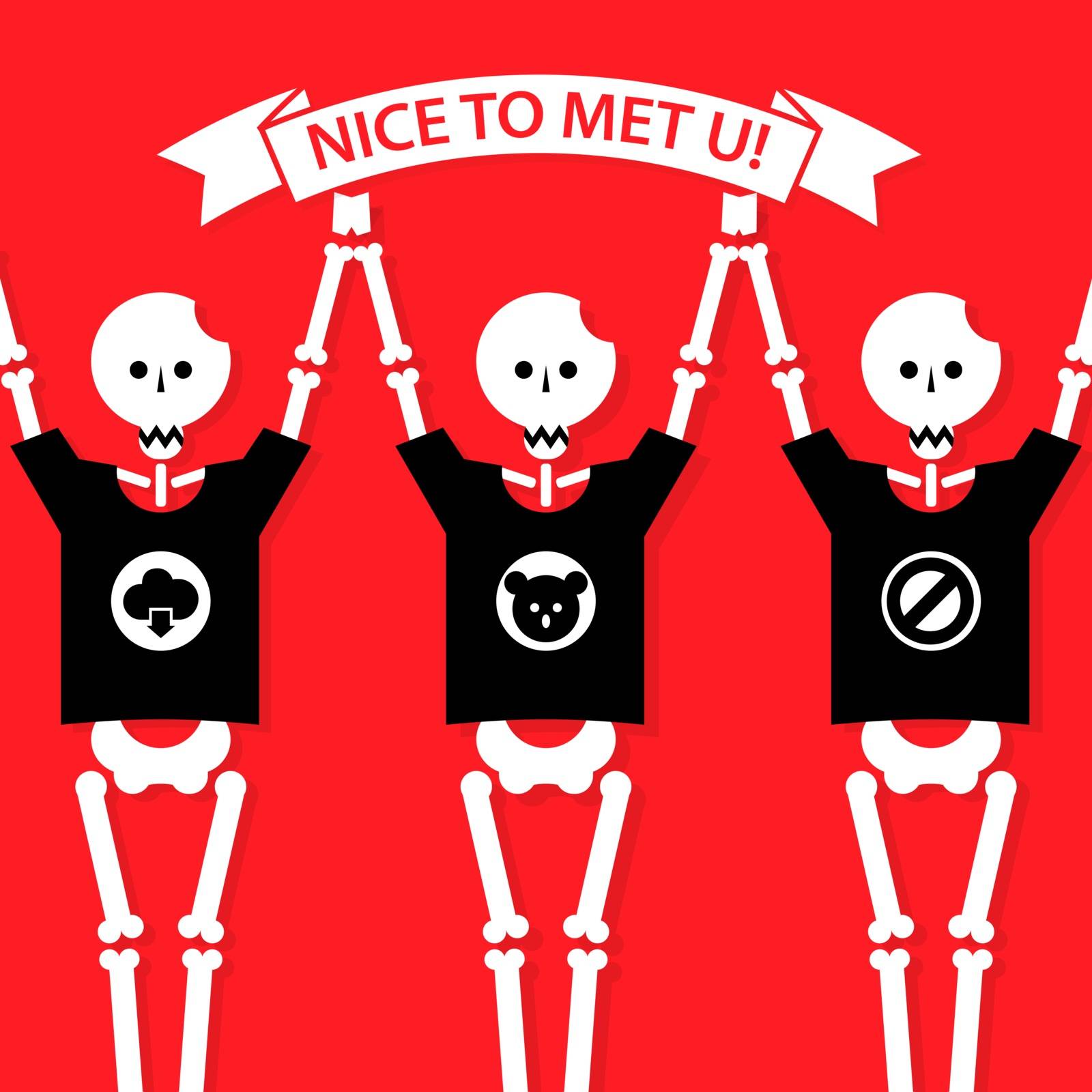 Cartoon vector illustration funny human skeletons in t-shirts with ribbon. Flat design element.