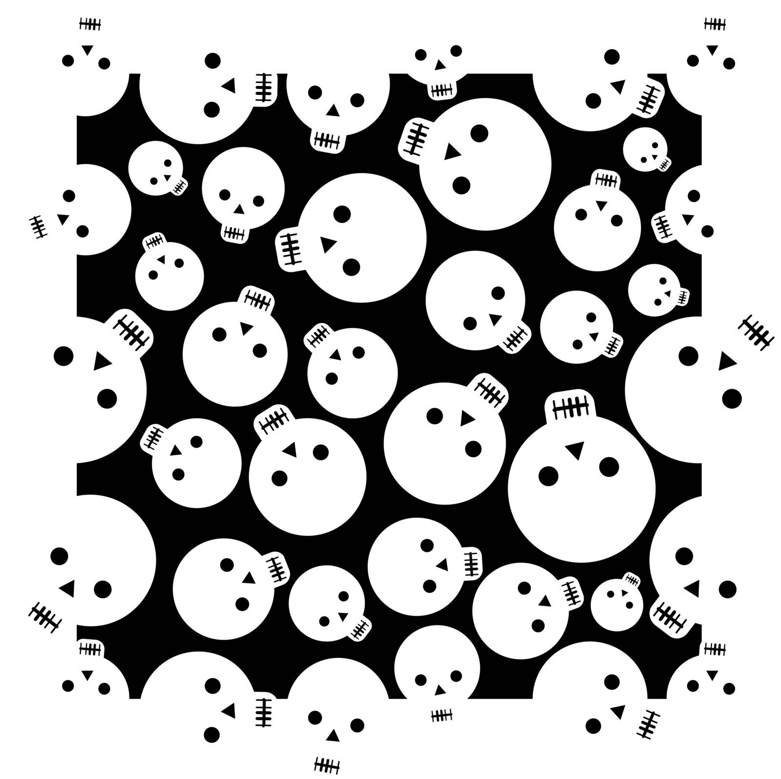 Cartoon white skulls on black background seamless vector pattern.