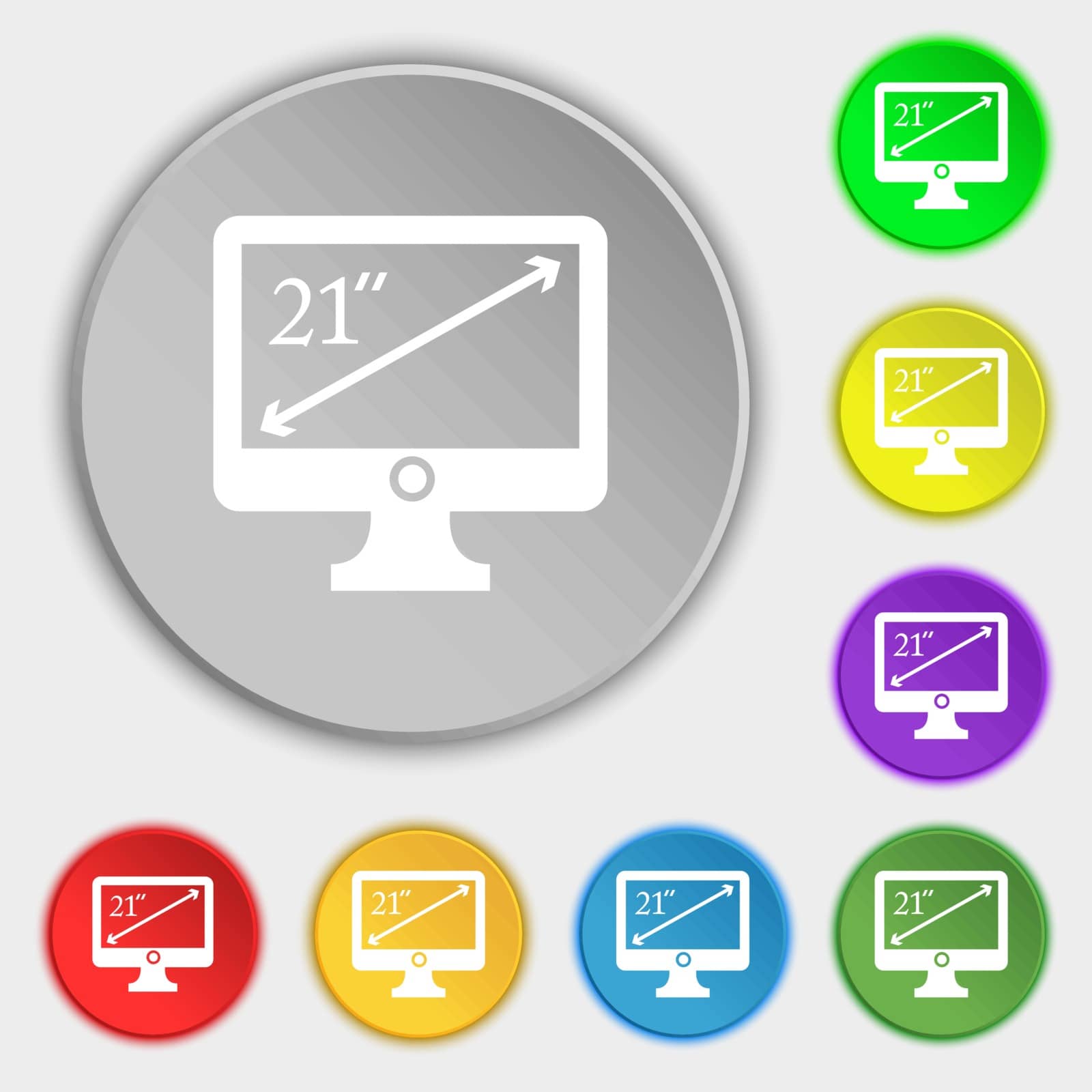 diagonal of the monitor 21 inches icon sign. Symbols on eight flat buttons. Vector illustration