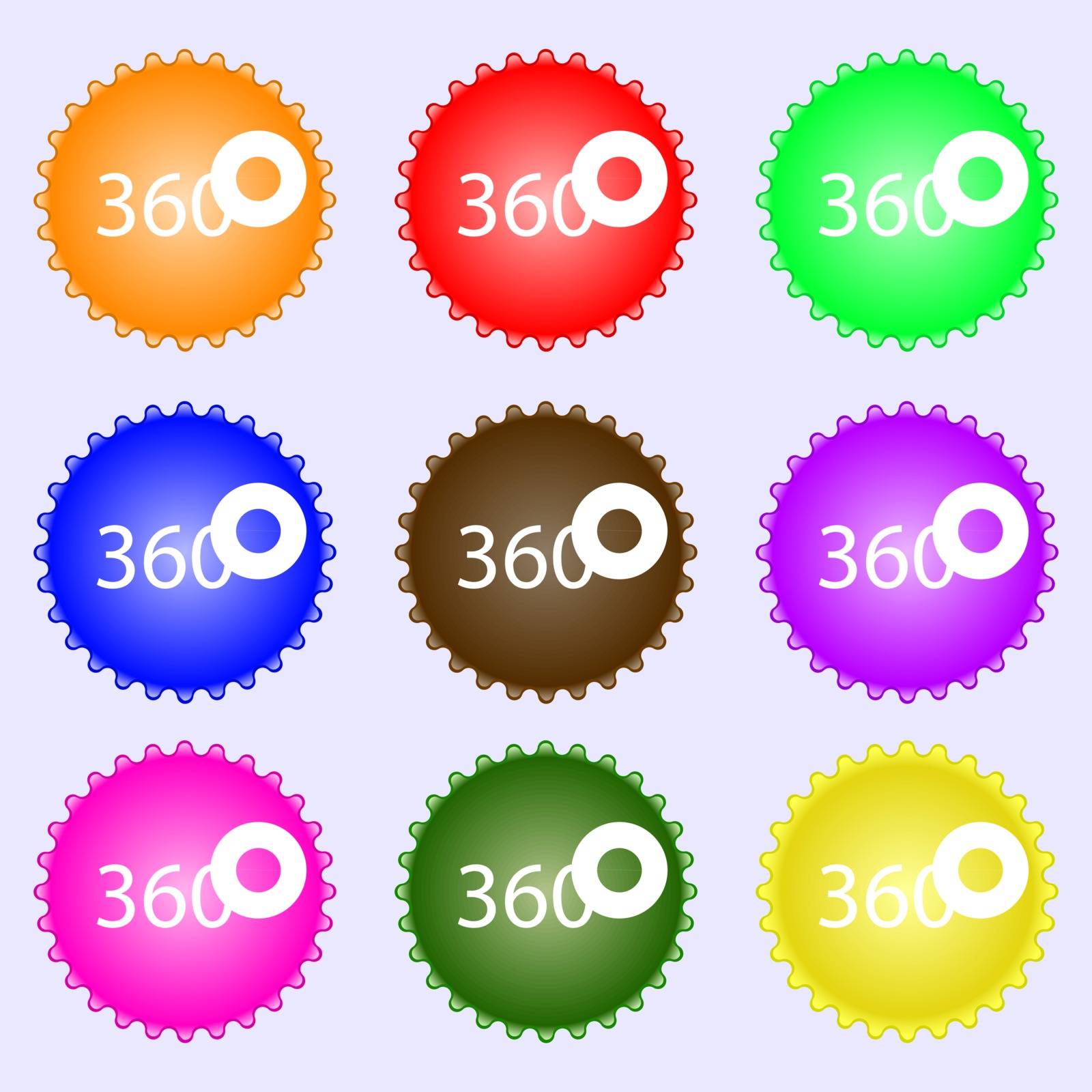 Angle 360 degrees sign icon. Geometry math symbol. Full rotation. A set of nine different colored labels. Vector illustration