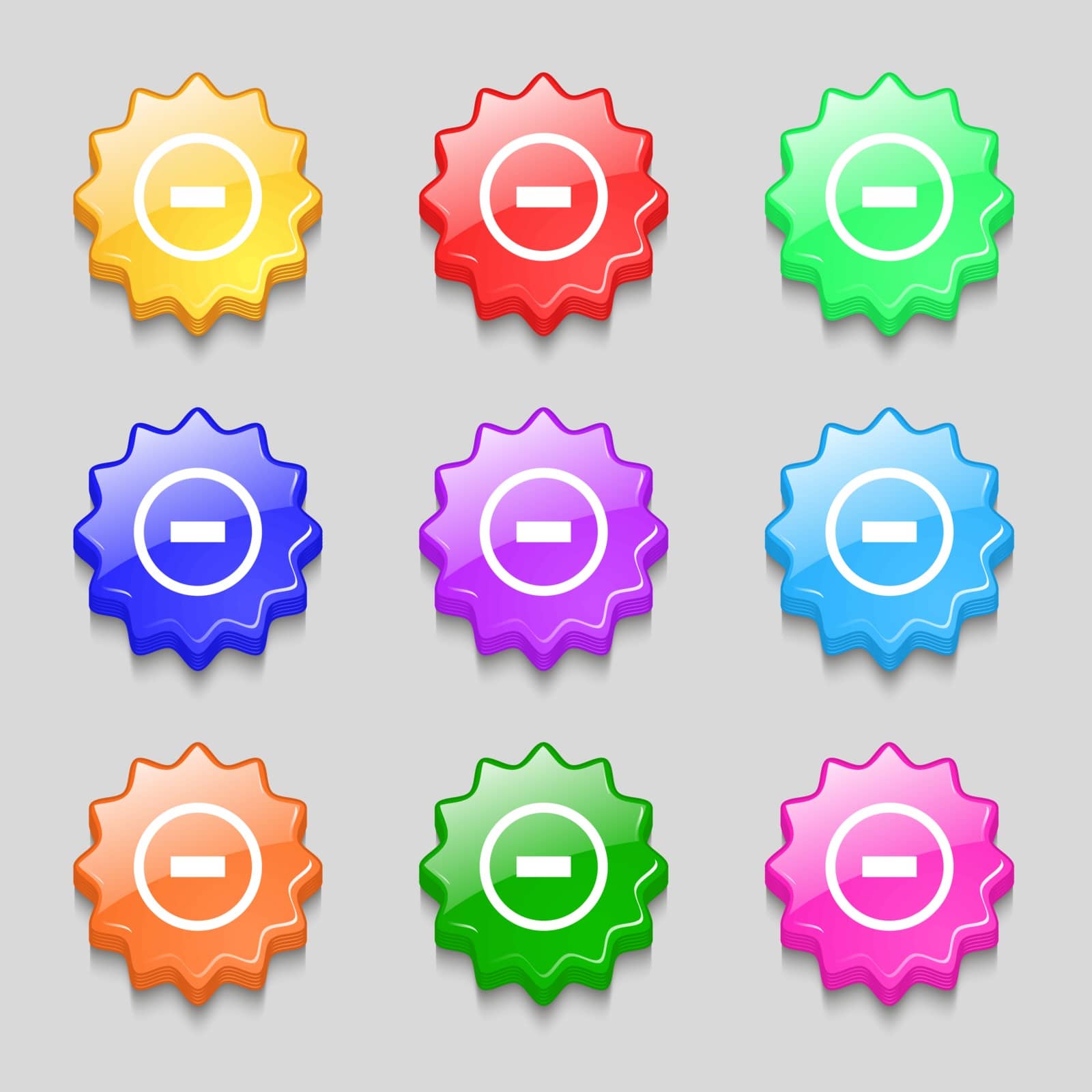 Minus sign icon. Negative symbol. Zoom out. Symbols on nine wavy colourful buttons. Vector illustration