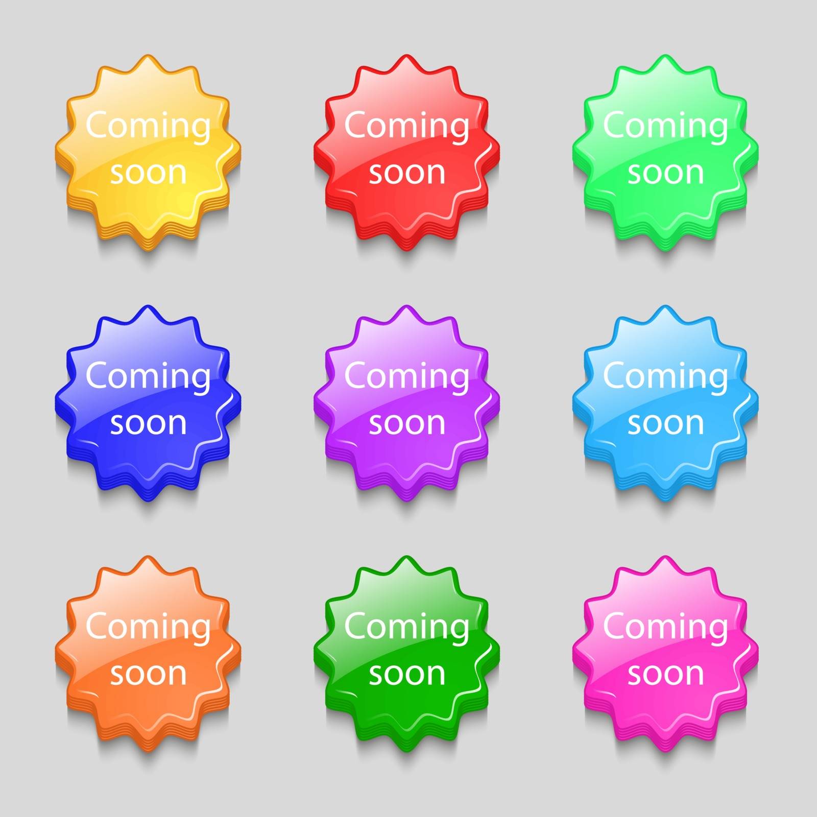 Coming soon sign icon. Promotion announcement symbol. Symbols on nine wavy colourful buttons. Vector illustration