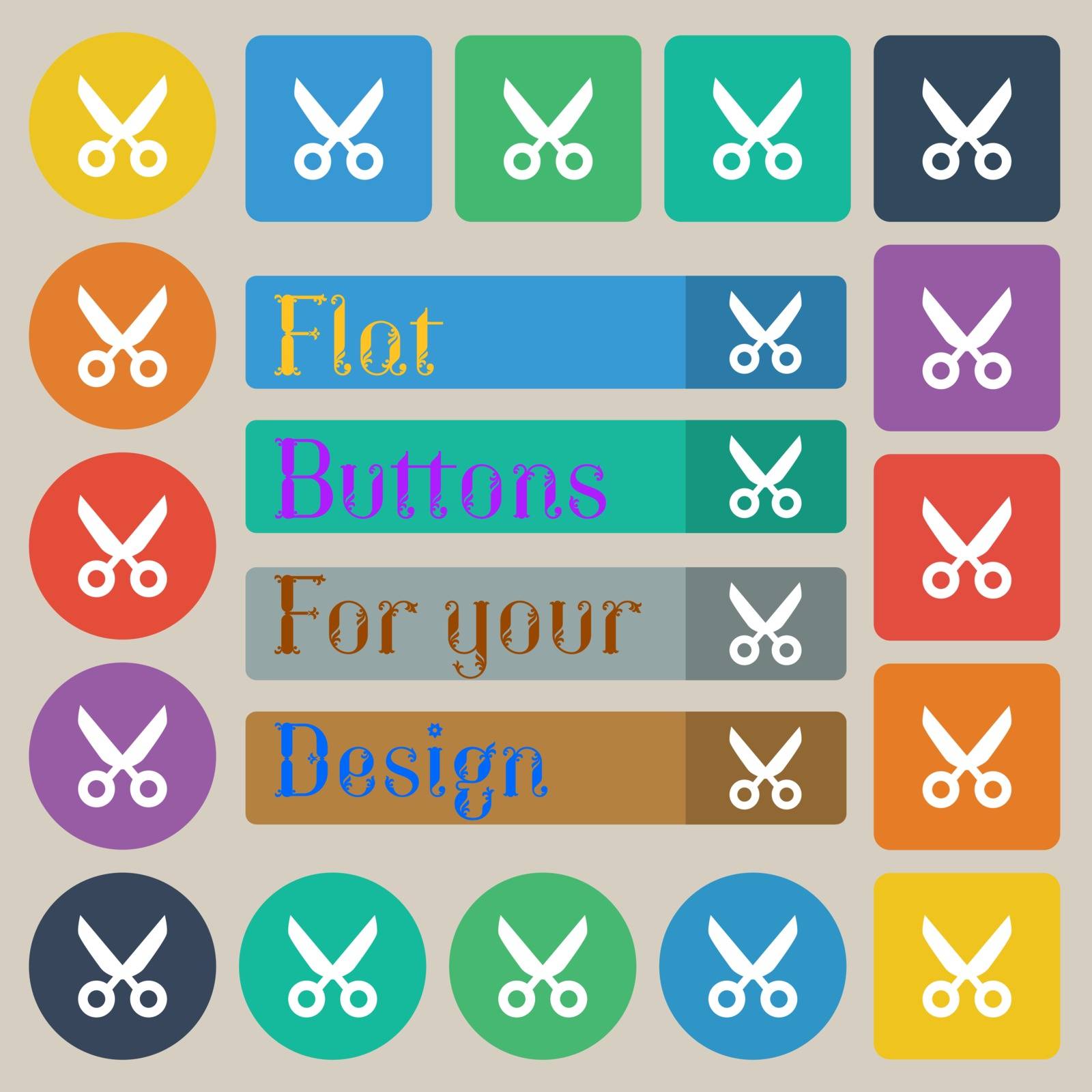 Scissors hairdresser sign icon. Tailor symbol. Set of twenty colored flat, round, square and rectangular buttons. Vector by serhii_lohvyniuk